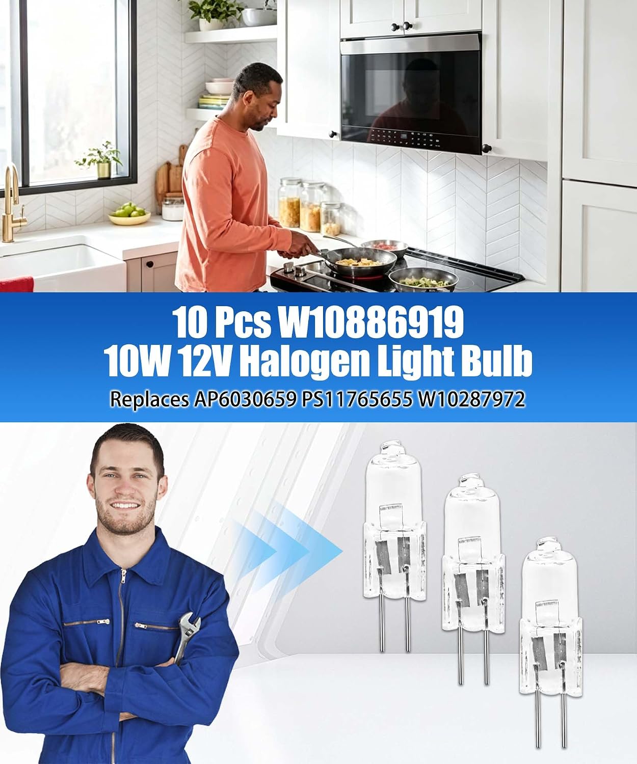 10 Pcs W10886919 Microwave Stove Oven Halogen Light Bulb 10W 12V Fits for GE Whirlpool Jenn-Air Kitchen- Aid Maytag，Replaces AP6030659 PS11765655 W10287972