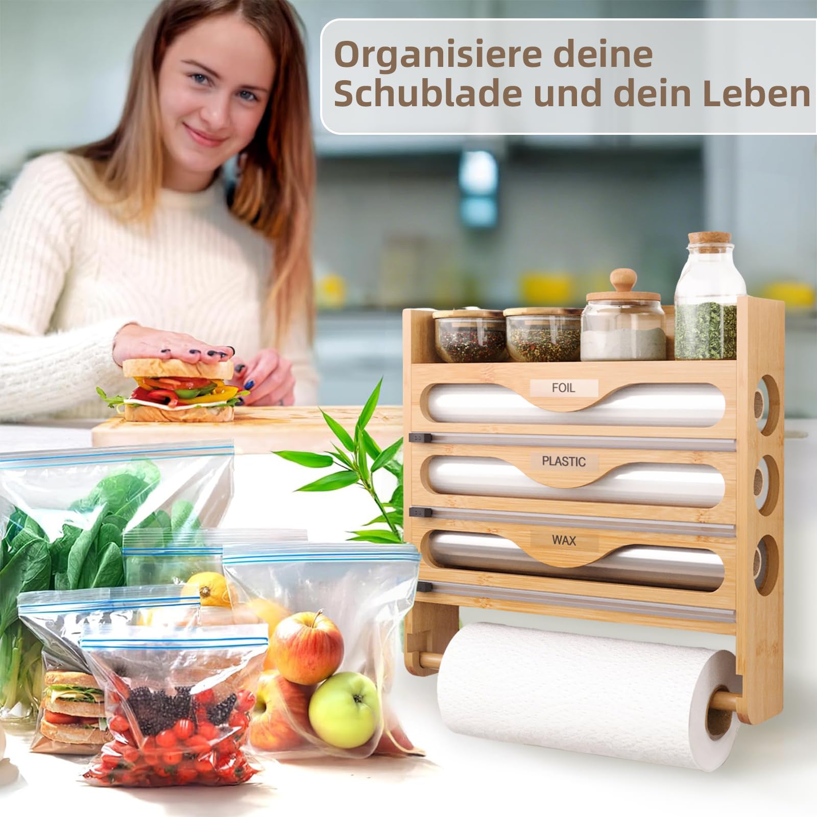 Distributeur de Film Alimentaire 4 en 1 avec Support pour Essuie-Tout Organiseur Mural pour Papier Aluminium,Film Plastique et Papier Ciré,Rangement Polyvalent avec Rouleau-Holz