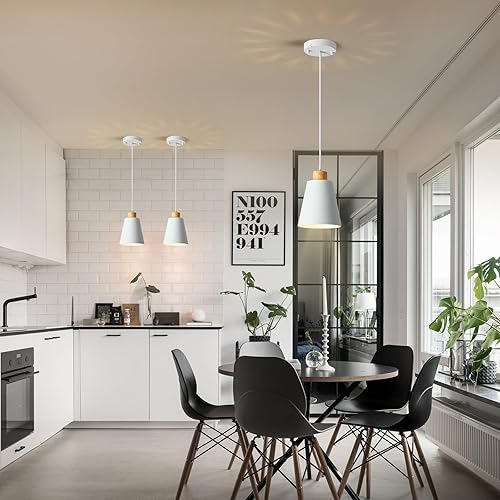 Miniatura 7 de Mini lámparas colgantes de madera blanca para isla de cocina, cono de 7.87 pulgadas, luces colgantes de techo modernas, sombra hueca, luz de isla