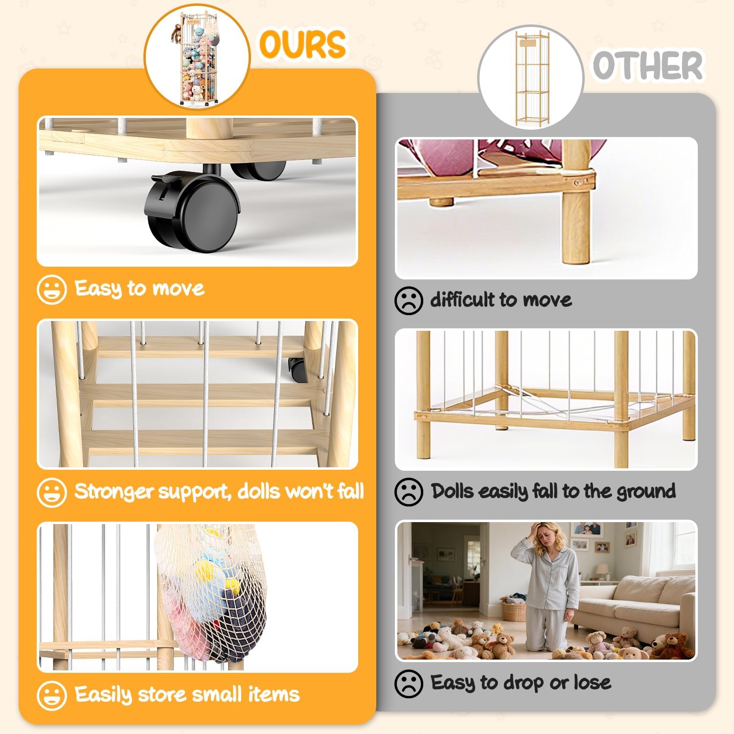 Stuffed Animal Storage with Wheels (Rolling Zoo), Large Wooden Plushie Organizer with Bonus Mesh Net for Small Toys, Mobile Toy Holder Cage for Kids Playroom Bedroom & Toddler Room(Natural Pine) - Image 7