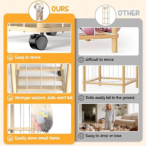 Miniatura 7 de Almacenamiento y soporte para animales de peluche, almacenamiento de peluches de madera de pino natural con ruedas, zoológico de animales de peluche