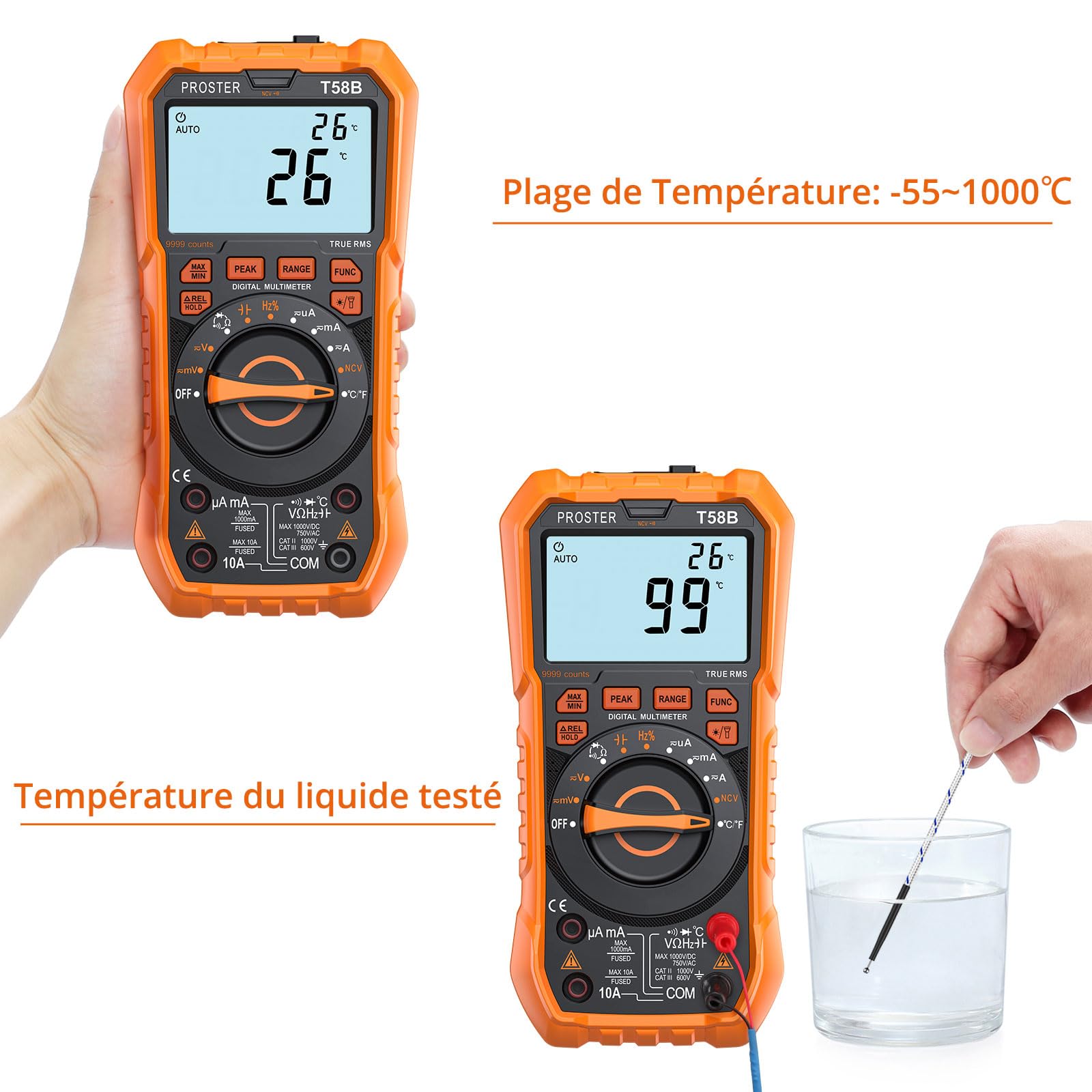 Proster Multimètre Numérique 9999 Comptes TRMS Auto-Range NCV – Testeur Électrique AC/DC avec Mesure Température, Crête, Continuité, Alerte Jack et Support Magnétique