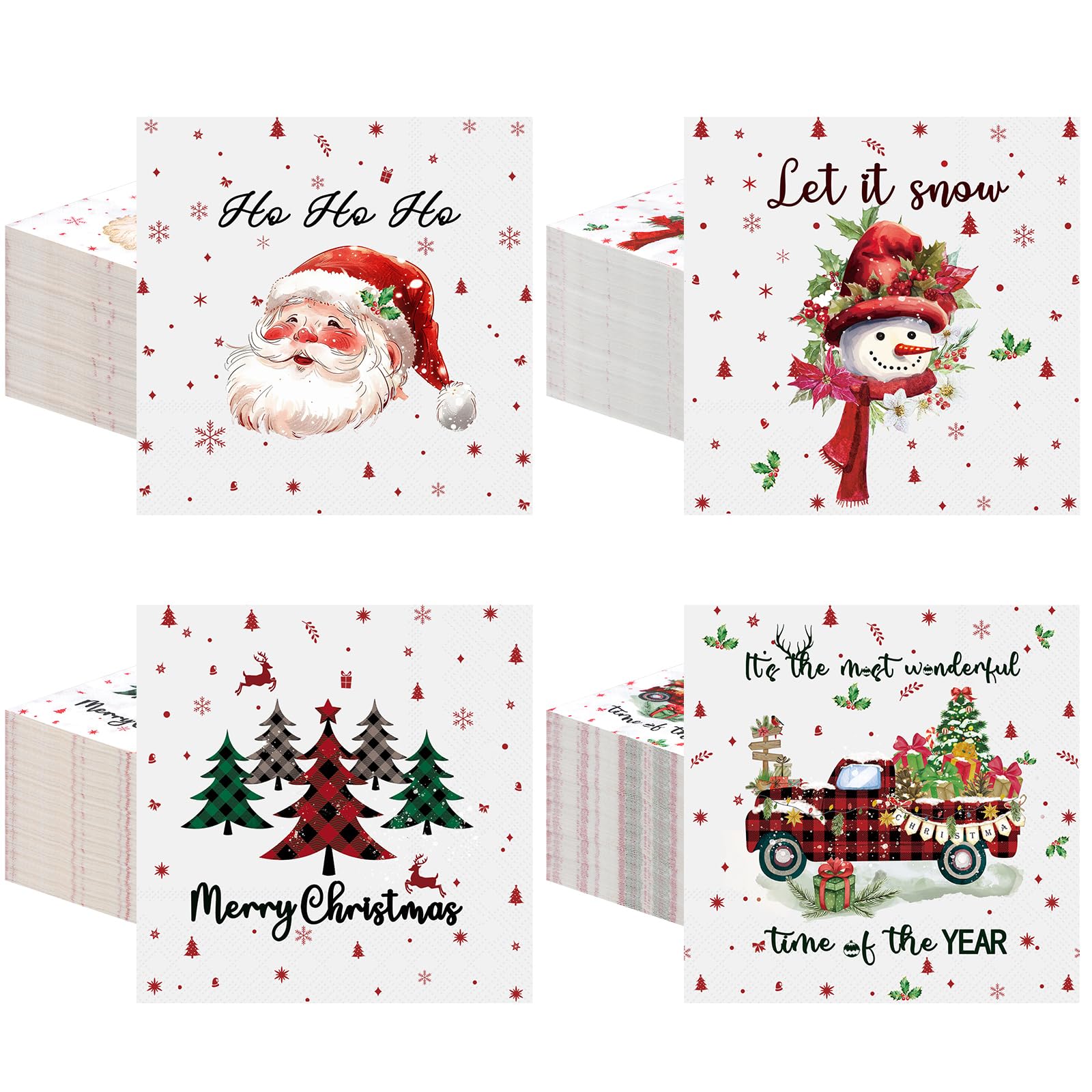 Fulmoon 200 Pcs Christmas Cocktail Paper Napkins Disposable 2 Ply Santa Beverage Napkins Decoupage Xmas Tree Towel for Christmas Party Dinner Table