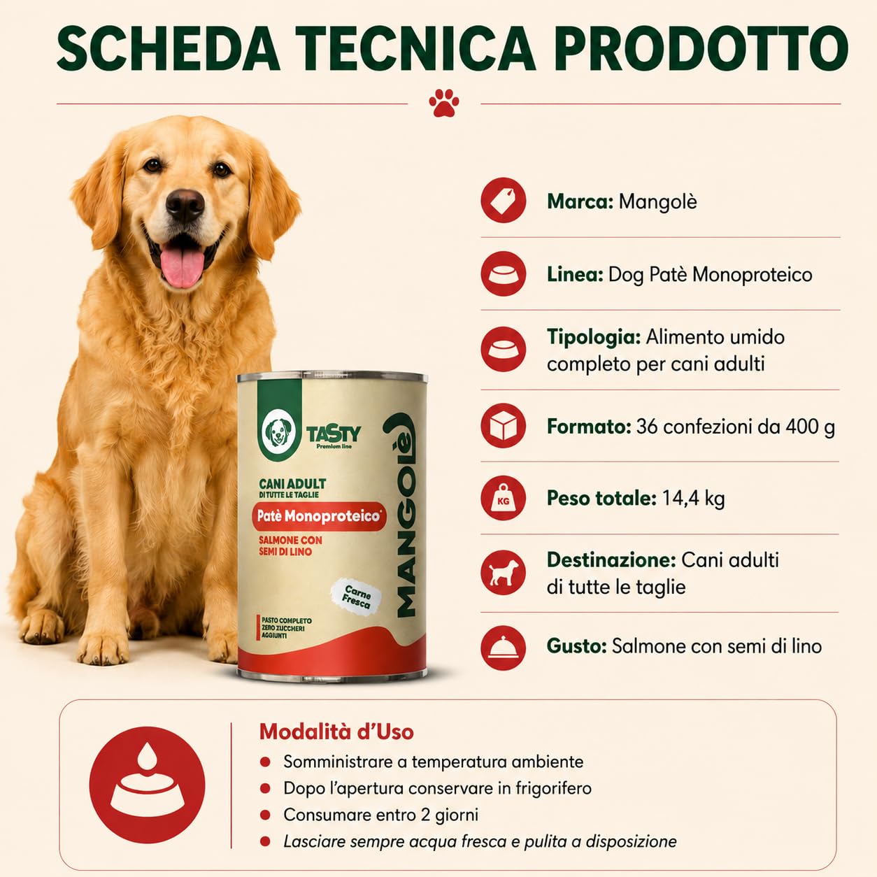 Dog Patè Monoproteico Salmone con Semi di Lino 400 g Alimento Umido Completo per Cani Adulti con FOS e Minerali (36 Pezzi)