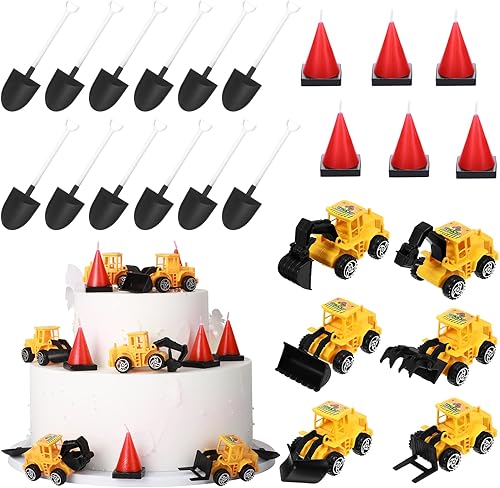 Yerliker Juego de 24 piezas de decoración de fiesta de construcción, velas de pastel en forma de cono de construcción, 6 excavadoras de camiones, 12