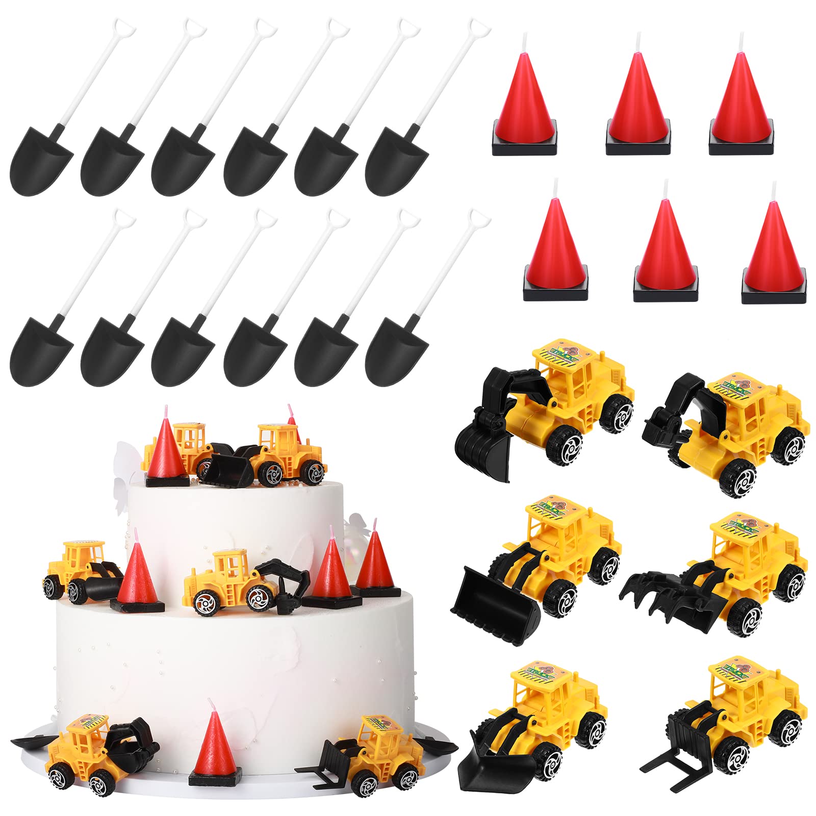 Yerliker 24 Pcs Construction Party Decoration Set Construction Cone Shaped Cake Candles 6 Truck Excavator Cake Toppers 12 Plastic Shovel Shape Spoons