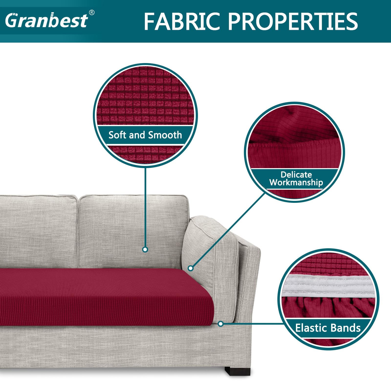 Granbest High Stretch Sofa Seat Cushion Cover Super Soft Couch Seat Cover Sofa Cushion Protector Jacquard Spandex Fabric with Elastic Bottom(3-Piece 3 seater - Image 3