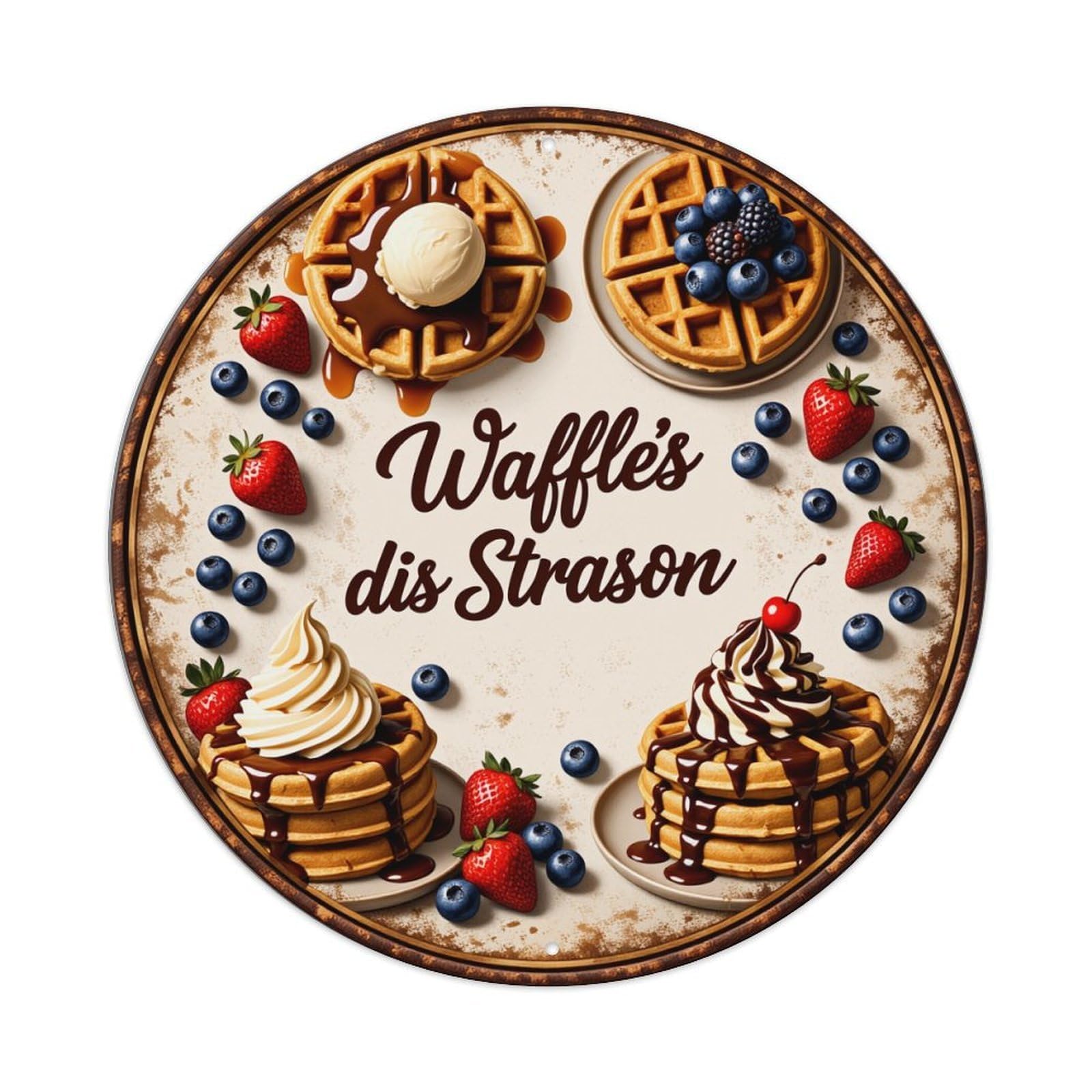 Waffle Dis Strason Pattern Print Round Tin Sign Retro Metal Sign for Cafe Bar Pub Home Game Room Gym Club Wall Decoration Vintage Metal Poster 8x8 Inch
