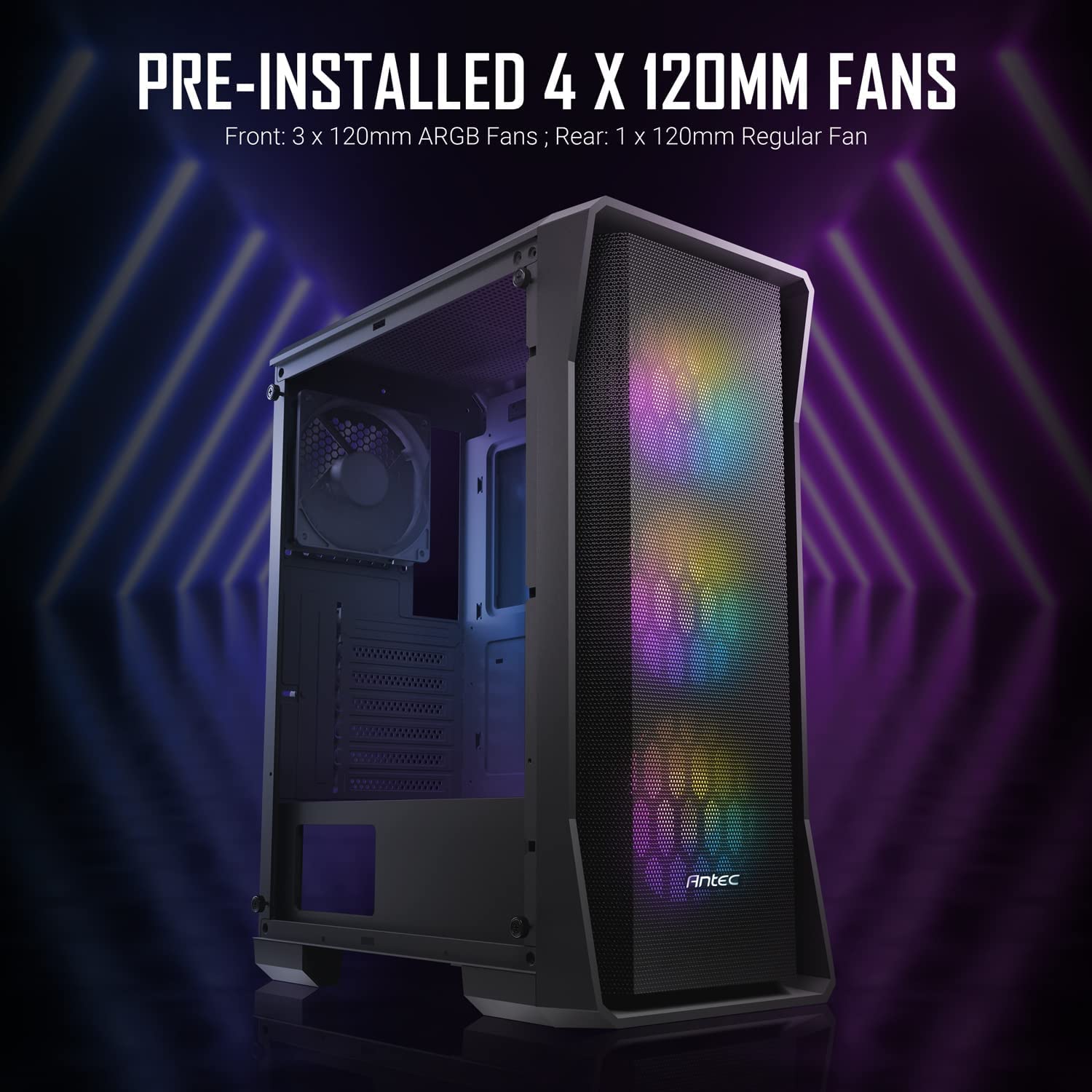 ANTEC NX Series NX360, pannello frontale in rete ad alto flusso d'aria, 4 ventole da 120 mm incluse, pannelli laterali in vetro temperato, supporto radiatore da 360 mm, case da gioco Mid-Tower ATX
