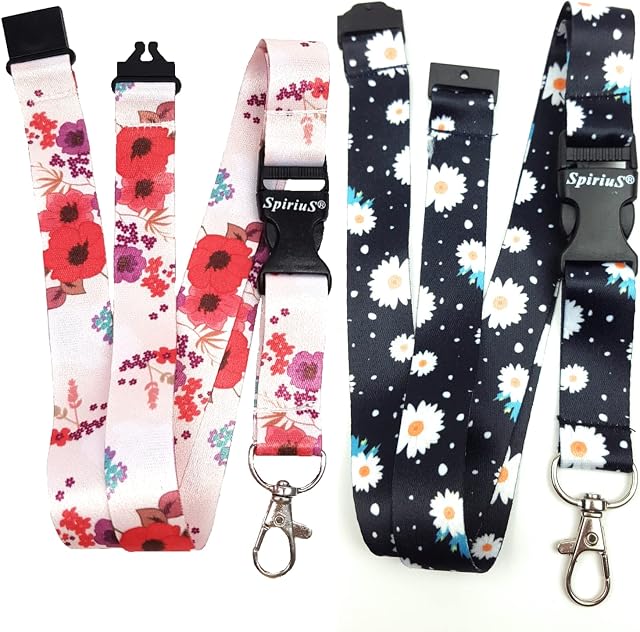 Set of 2 X SPIRIUS Lanyard Neck Strap Holder with Break Away Safety Clip for Keys, Badge, Id Card Holder Flowers Design (2 x Lanyard Set y)