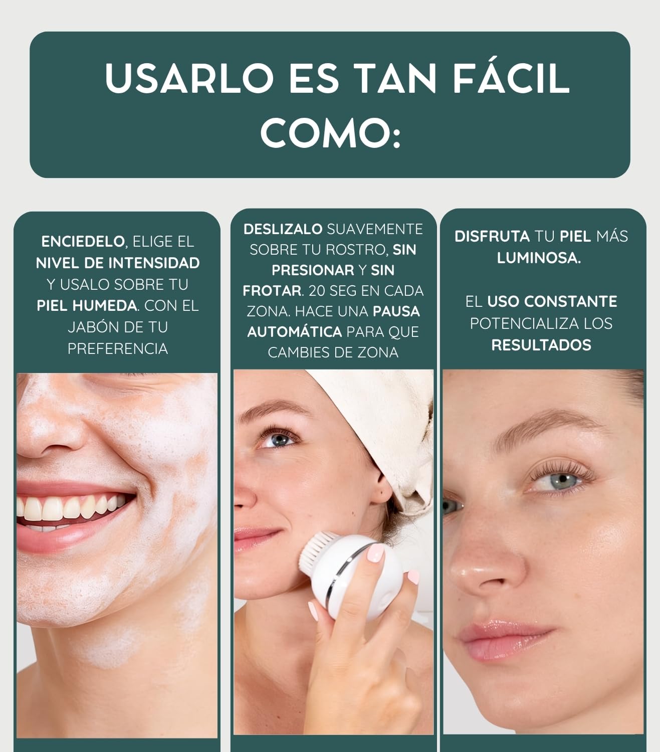 Cepillo facial eléctrico 3 niveles de intensidad 3 cabezales intercambiables Carga inalámbrica rápida Vibración de alta frecuencia IPX6 Minimiza poros Puntos negros Masaje relajante Piel