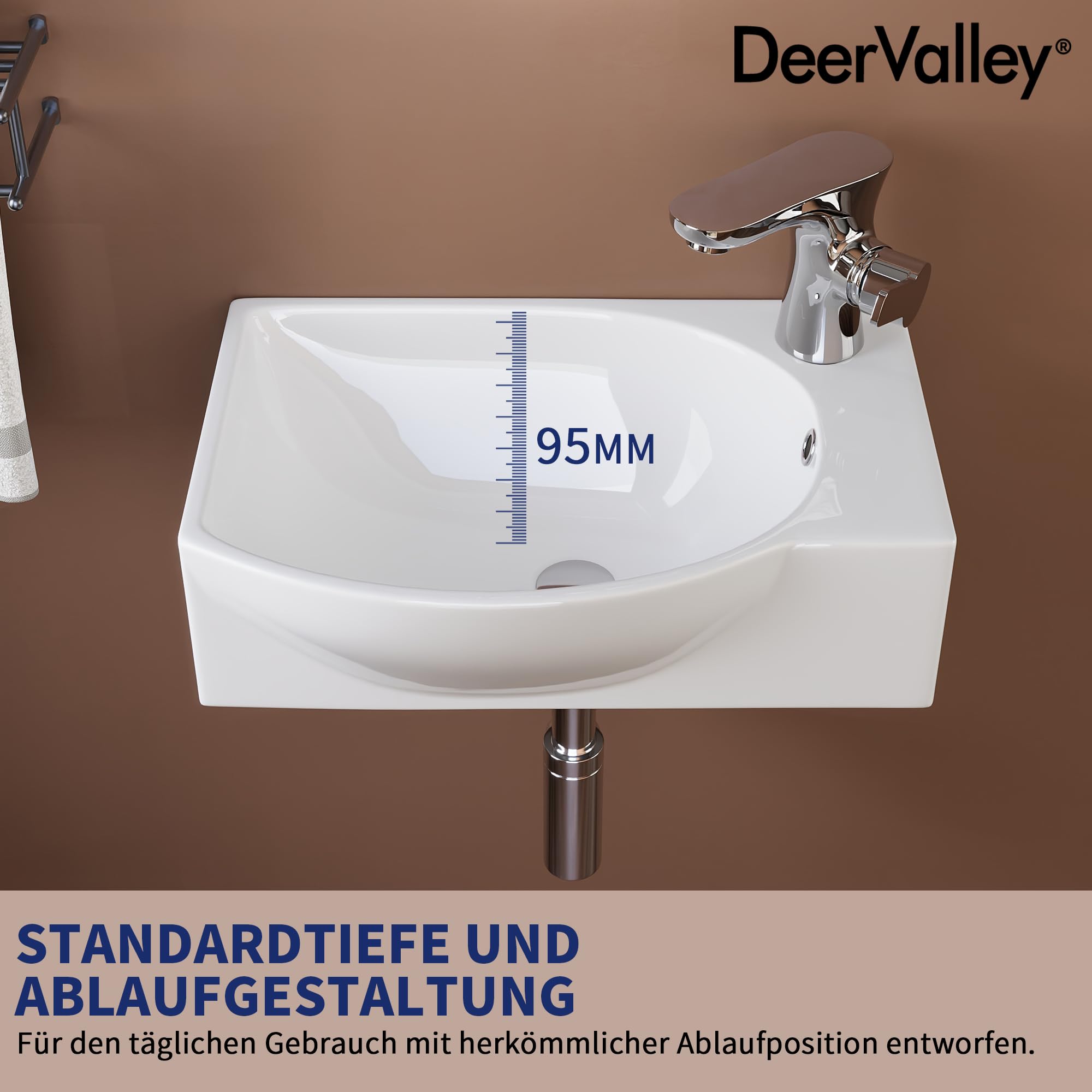 DeerValley Ceramiczna umywalka łazienkowa, montowana na ścianie, z otworem przelewowym i otworem na kran, 40 x 28 x 14,5 cm (biała, lewa)
