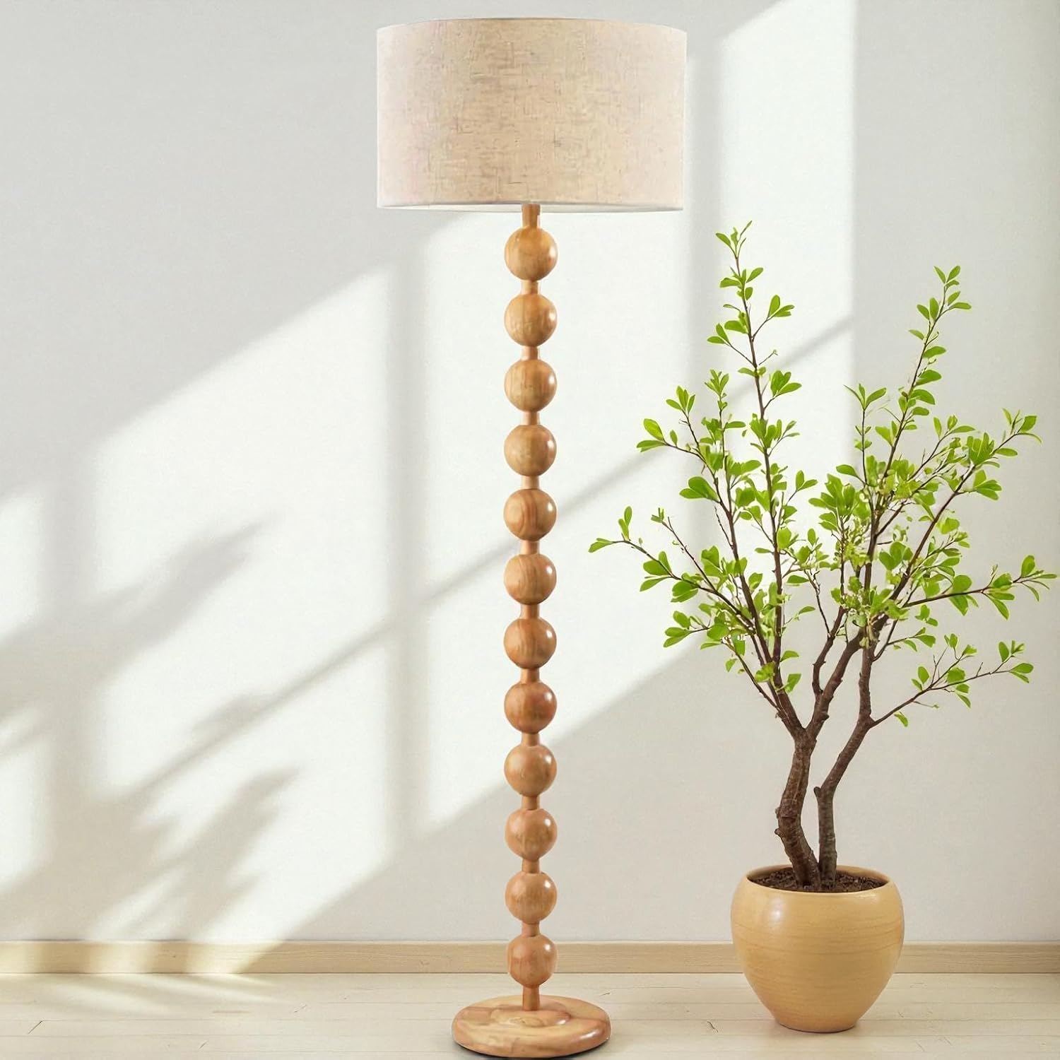 Natural Mango Wood Floor Lamp for Living Room Tall Wooden Standing Lamp with Round Bead Design Decorative Home Lighting Modern Rustic Home Decor-picture-19