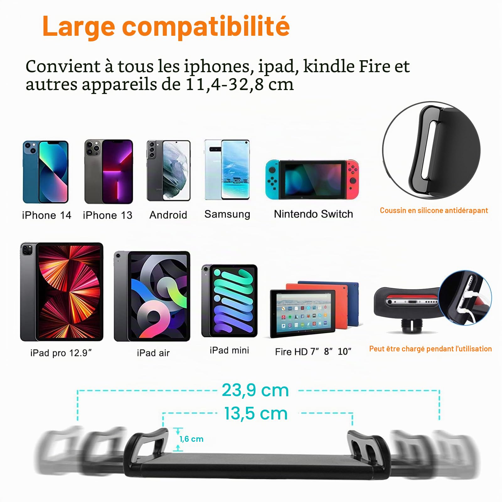 Support pour tablette avec double base lestée, support de téléphone de lit réglable en hauteur/bras extensible, compatible avec iPhone, iPad, Galaxy Tab, Kindle ou autres téléphones de 11,4 cm à 33 cm