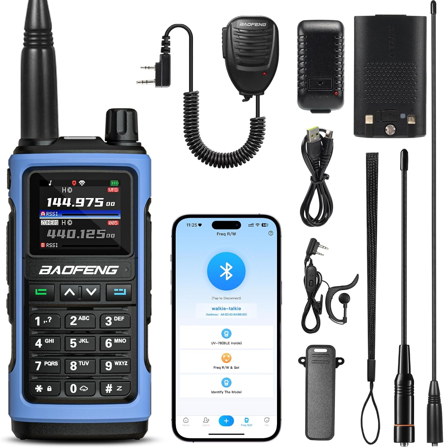 BAOFENG UV-7B Handheld Ham Radio, Chirp & Wireless APP Programmable, UV FM Aviation NOAA Receiver, 1000 CHs 10 Zones, USB-C Port, Channel Copy, SOS Strobe, with Speaker Mic & Extra High Gain ANT