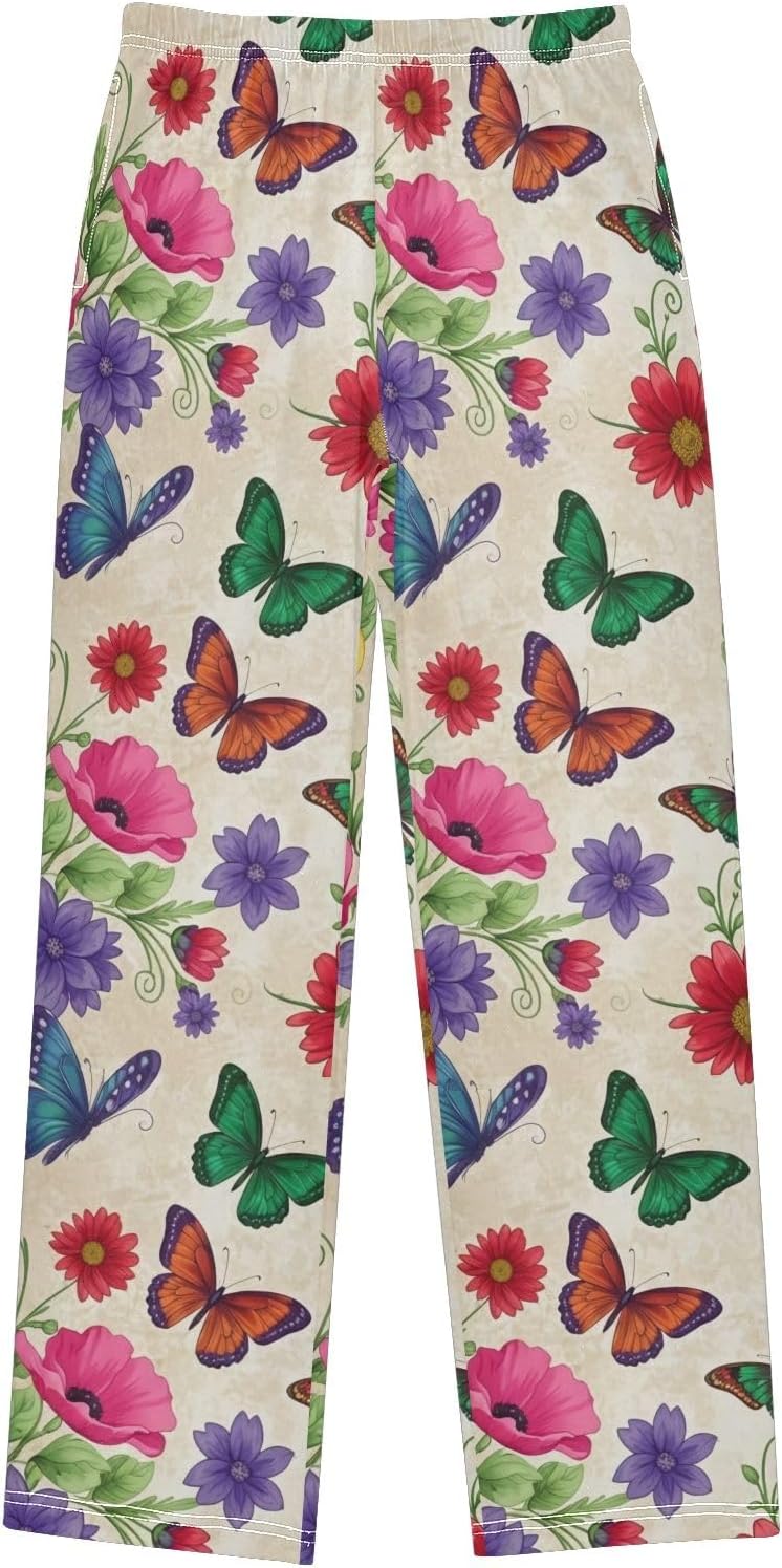 Vintage Butterfly Flower Pajama Pants, Soft Modal Loungewear with Elastic Waist and Pockets for Cozy Sleepwear