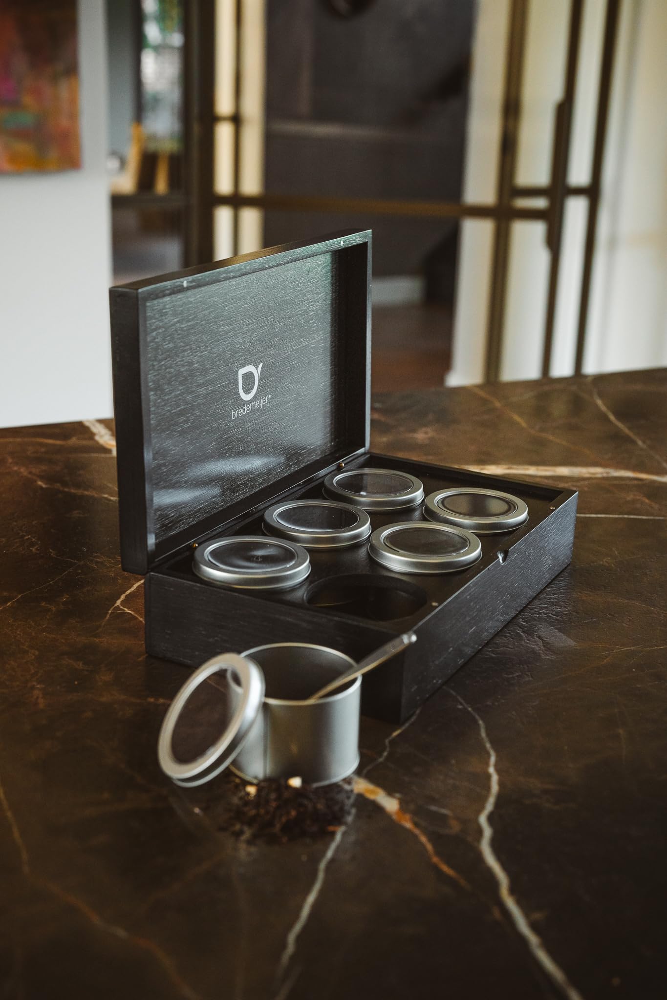 Bredemeijer - Boîte à thé avec 6 boîtes rondes - Noir - Avec cuillère doseuse
