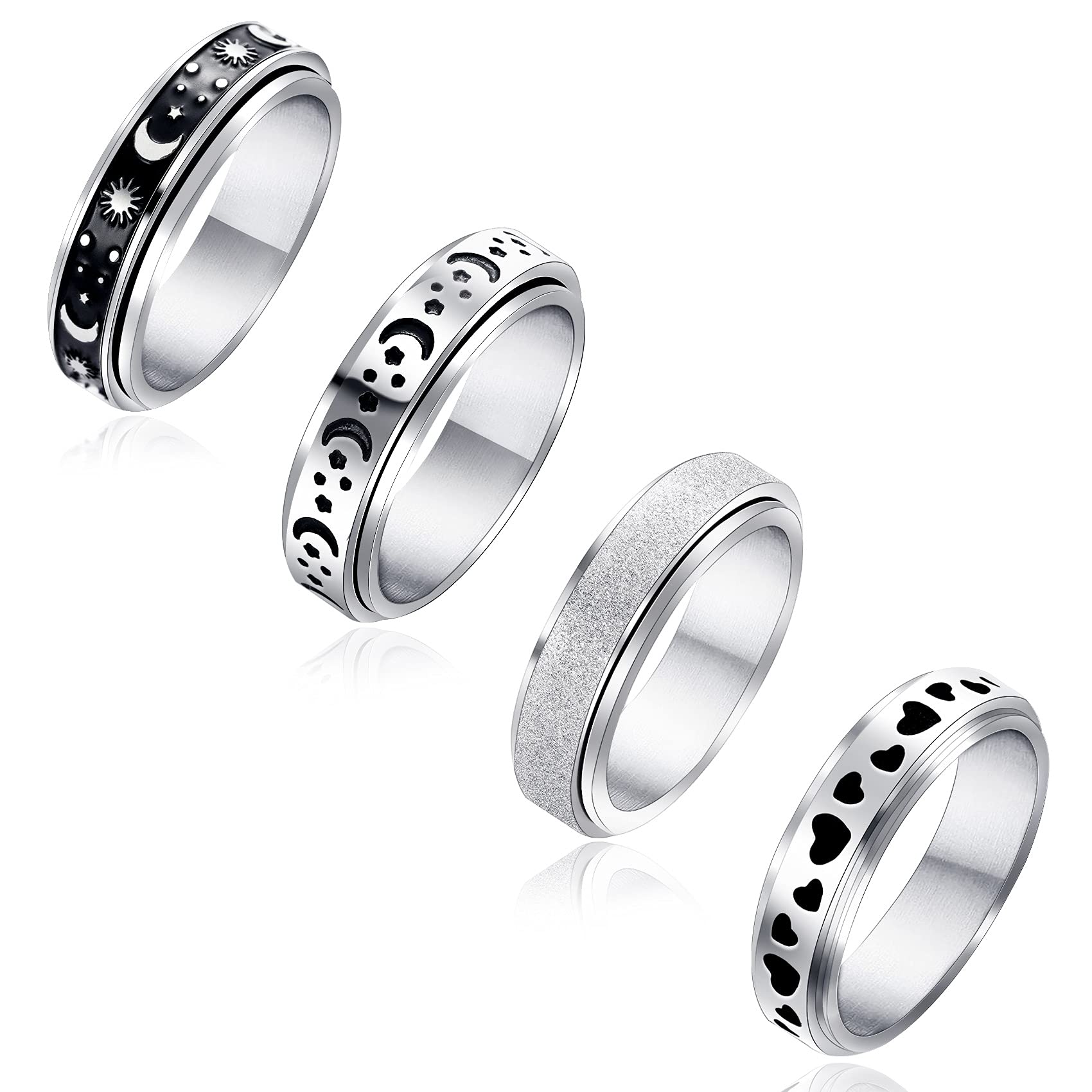 Senteria 4 Pcs Spinner Rings for Women Men Stainless Steel Heart Star Moon Sand Blast Finish Fidget Band Rings Set for Meditation Stress Relieving Wedding Promise