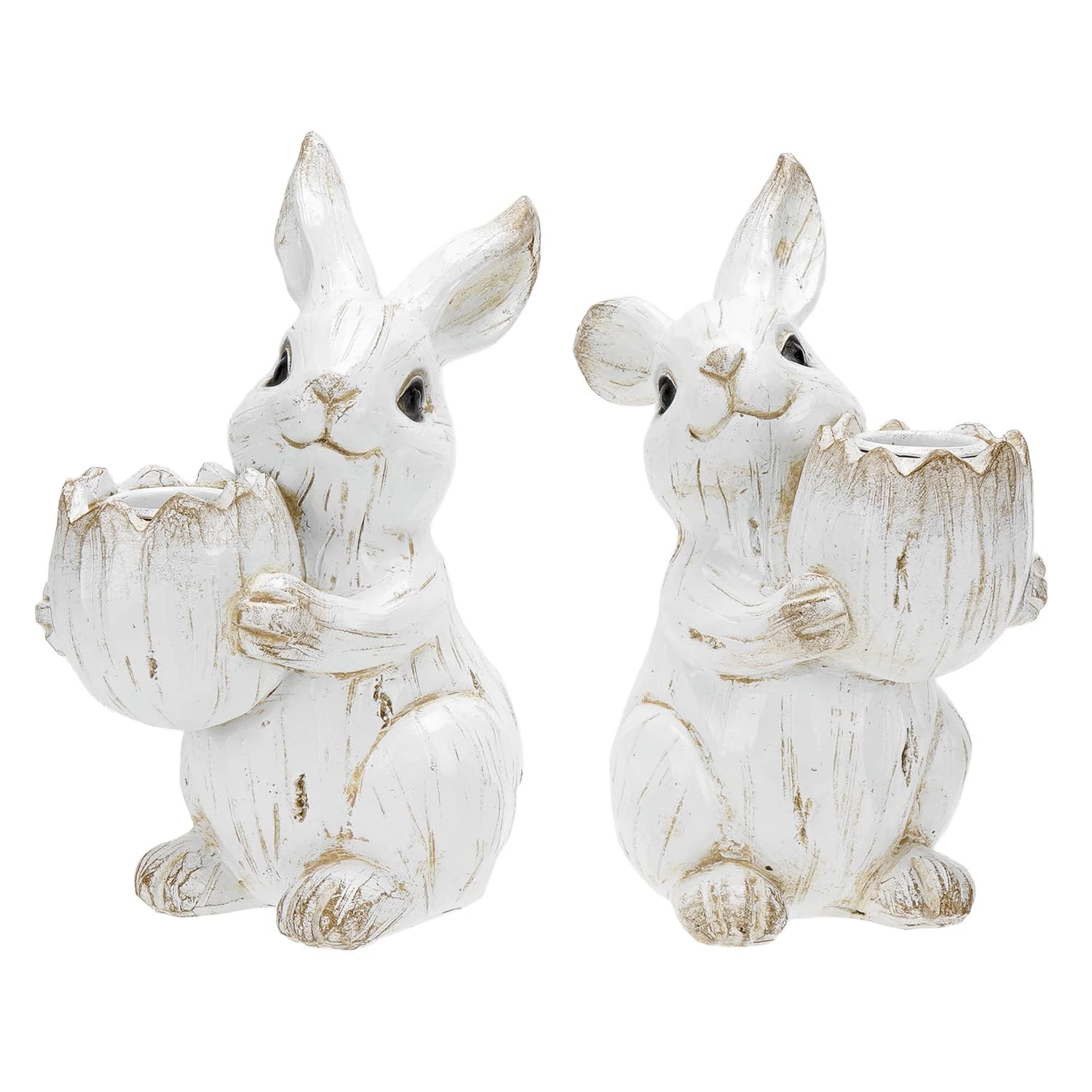 SOFFEE DESIGN Set of 2 Bunny Decorations Candlestick Holder Spring Home Decor, Bunny Figurines Easter White Rabbit with Egg Candle Holder Weddings Crafts Gifts