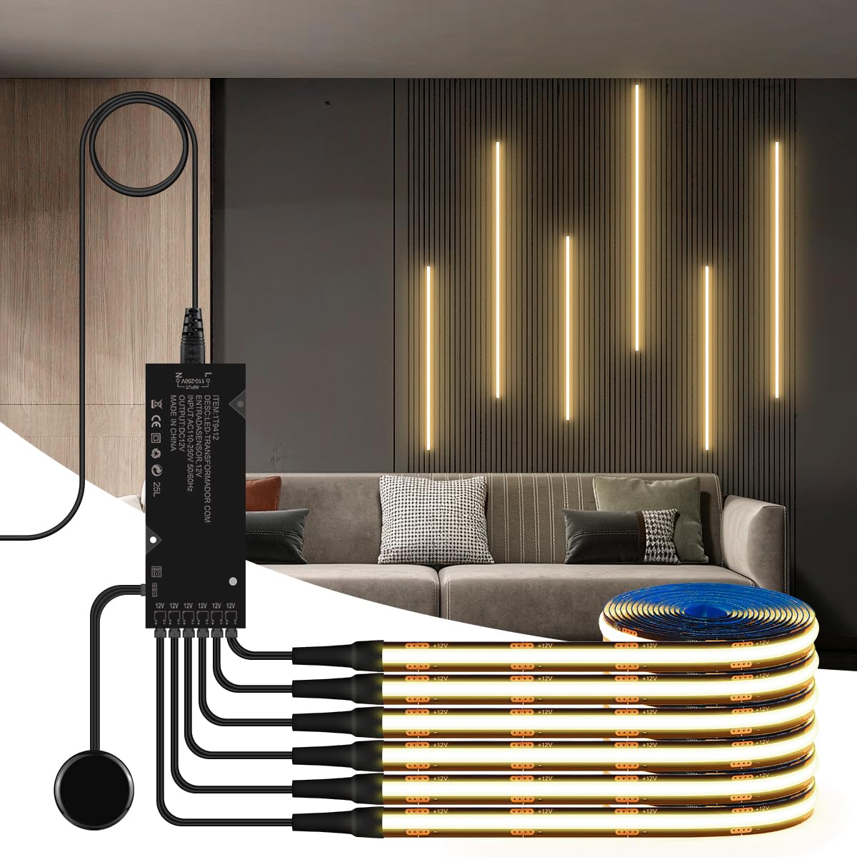 lampada da armadio nera striscia LED COB | 6 pezzi dimmeraggio touch adatto per vetrine scaffali vino e illuminazione pareti di sfondo (luce bianca naturale,3m)