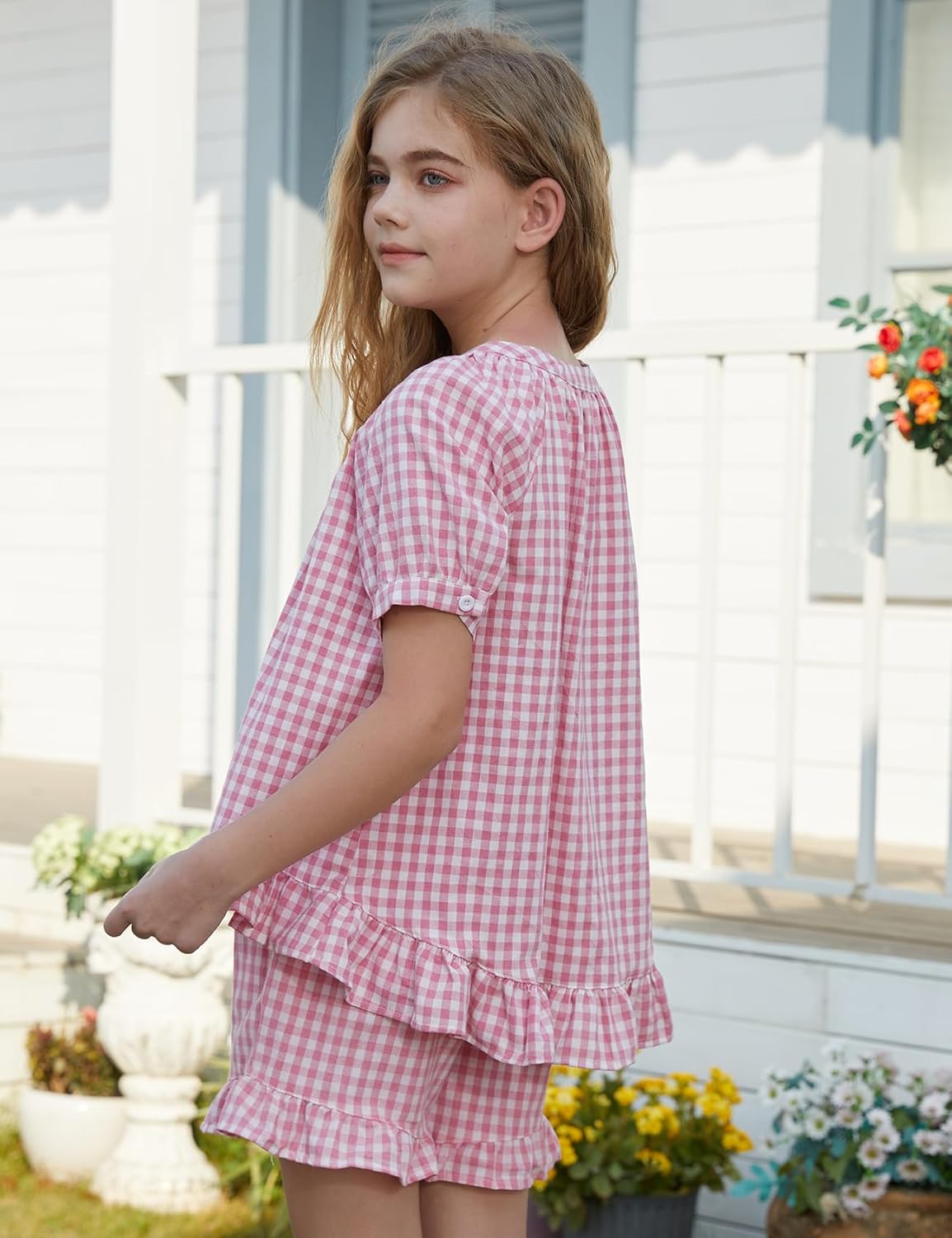 Flygo Girls Plaid 2 Piece Outfits Cotton Gingham Sets Cute Button down Ruffle Babydoll Top Shorts Sweatsuit Set 5-14 Years