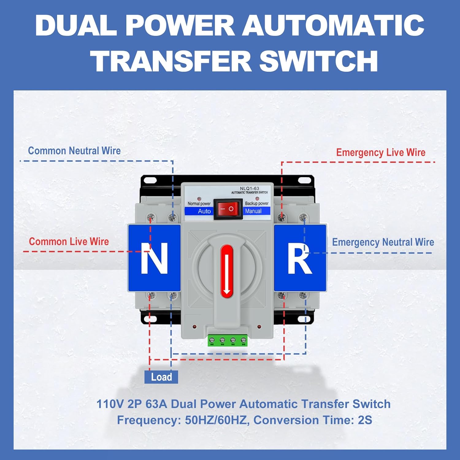 110V 2P 63A Dual Power Automatic Transfer Switch, CE Certified ATS Generator Changeover Switch 50Hz/60Hz