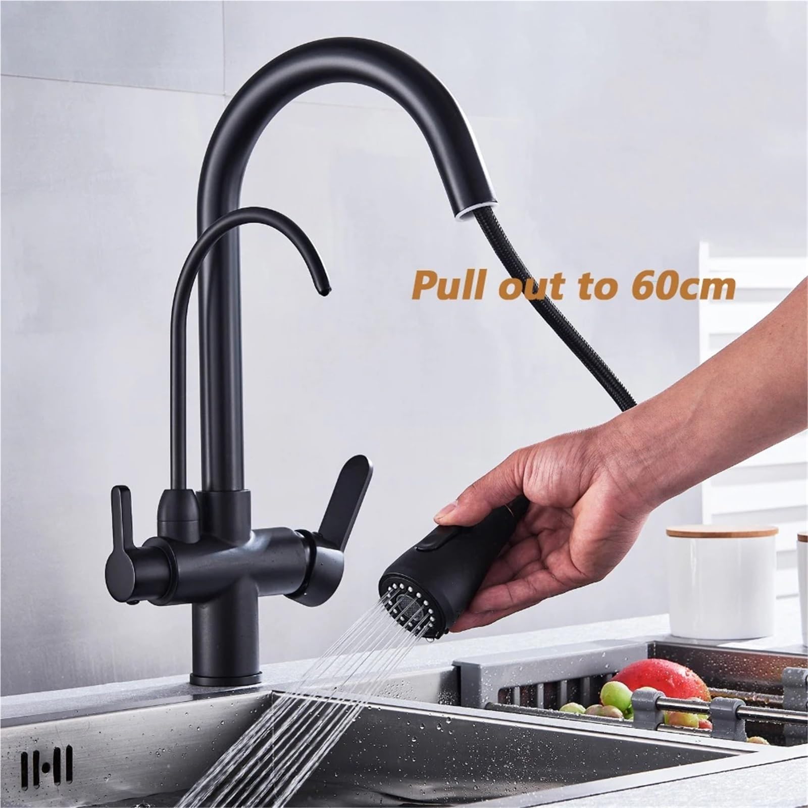 Grifo de Cocina con Sensor táctil Negro, grifos extraíbles for Fregadero, Mezclador frío y Caliente, Grifo de Agua Pura, grifos montados en Cubierta, Doble manija(Black Chrome NO Sen)