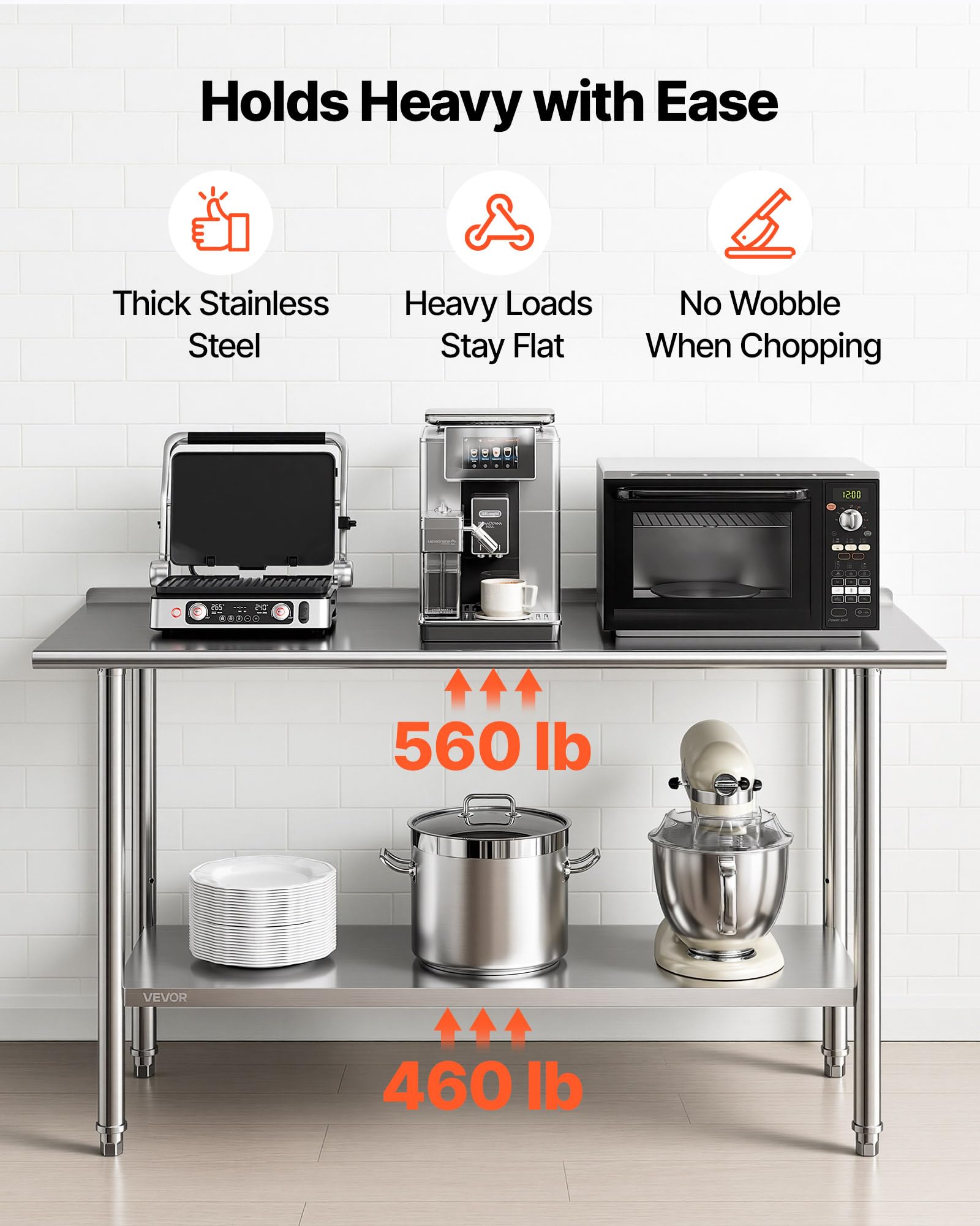 VEVOR Tavolo da Lavoro per Cucina in Acciaio Inox, Tavolo di Preparazione da Cucina 152,4 x 61 cm Isola Centrale per Catering Bar Hotel Ristorante Banchetti Banco da 2 Ripiani con Alzatina Senza Ruote
