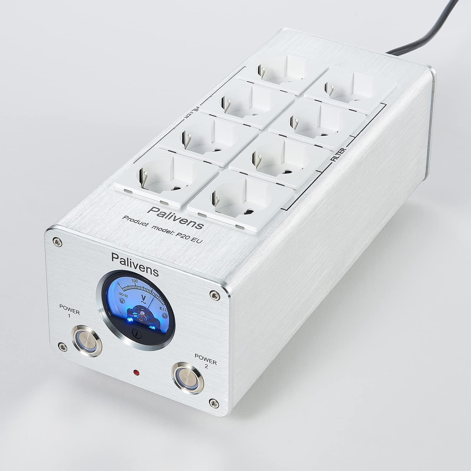 HiFi Mains Filter Socket Strip 8X Interference Filter Socket with Pointer Reading, Surge Protection, Charge Protection Up to 15A, Silver