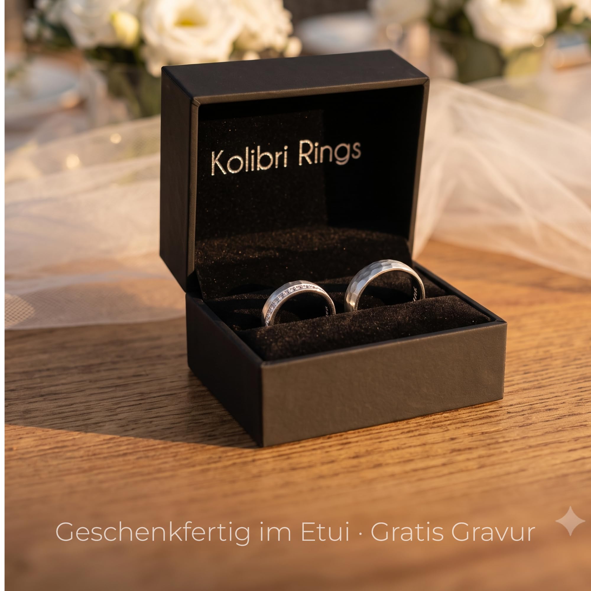 Kolibri Rings Eheringe Verlobungsringe Silber 925 15 Zirkonia Steine Set Hammerschlag - Gratis Gravur und Etui
