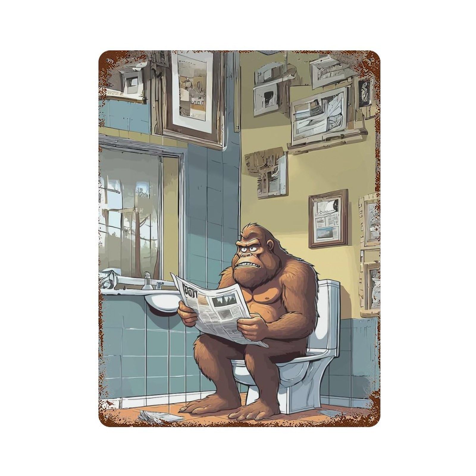 Bigfoot on Toilet 15.7"x11.8" Vintage Rust Metal Sign, Decorative Metal Wall Art for Living Room, Hallway And Home Decor