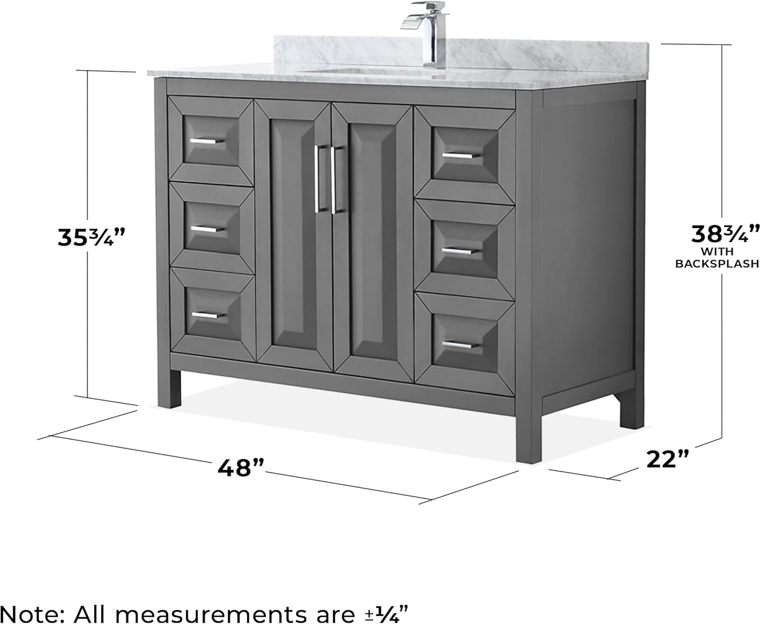 Wyndham Collection Daria 48 inch Single Bathroom Vanity in Dark Gray, White Carrara Marble Countertop, Undermount Square Sink, and No Mirror