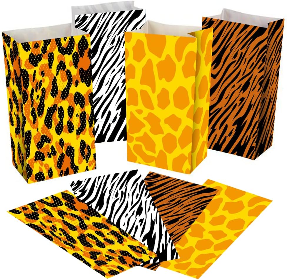 ArtCreativity Safari Theme Party Favor Bags - Pack of 12 - Animal Print Goody Gift Bags with 4 Designs - Durable Treat Goodie Bags - Zoo, Jungle Party Supplies for Birthday, Baby Shower