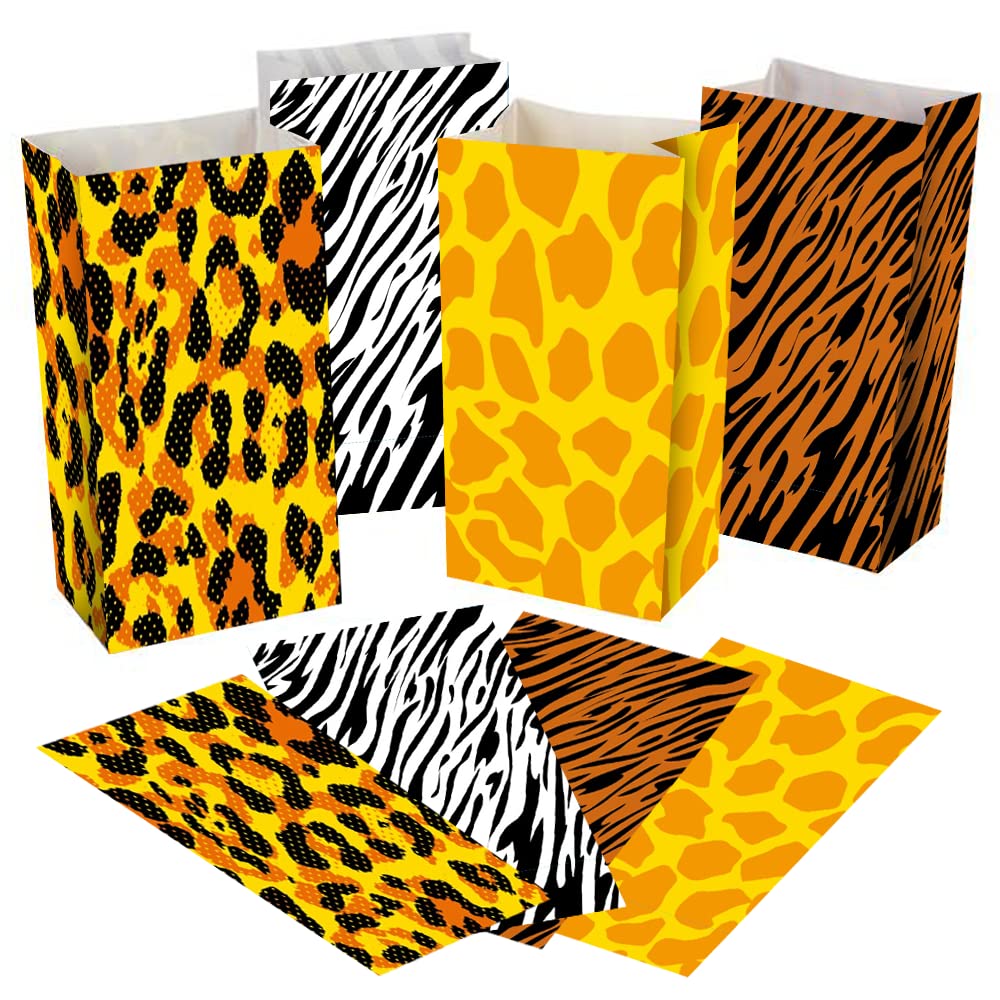 ArtCreativity Safari Theme Party Favor Bags - Pack of 12 - Animal Print Goody Gift Bags with 4 Designs - Durable Treat Goodie Bags - Zoo, Jungle Party Supplies for Birthday, Baby Shower