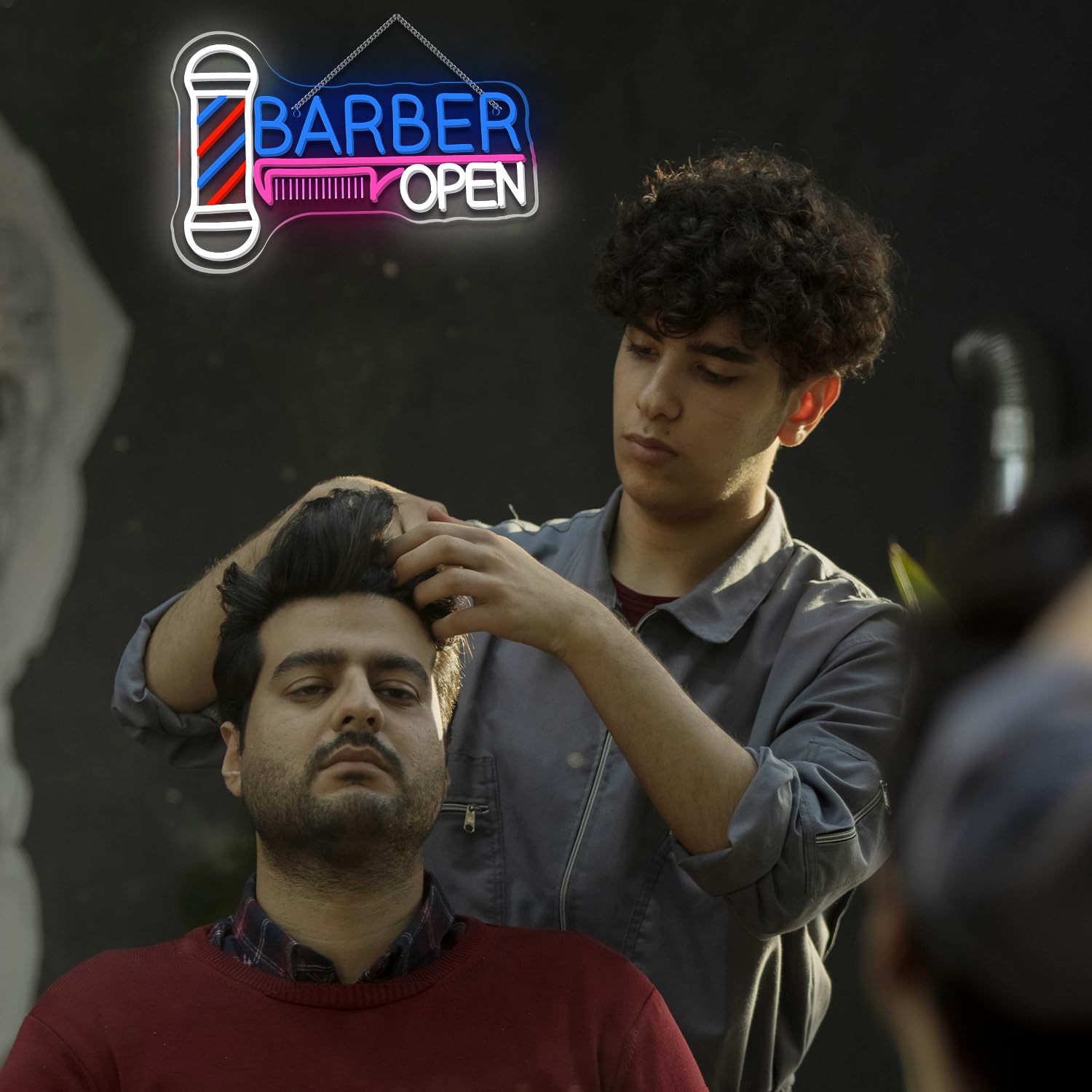 Letrero de neón abierto de barbero, poste de barbero, luz nocturna LED