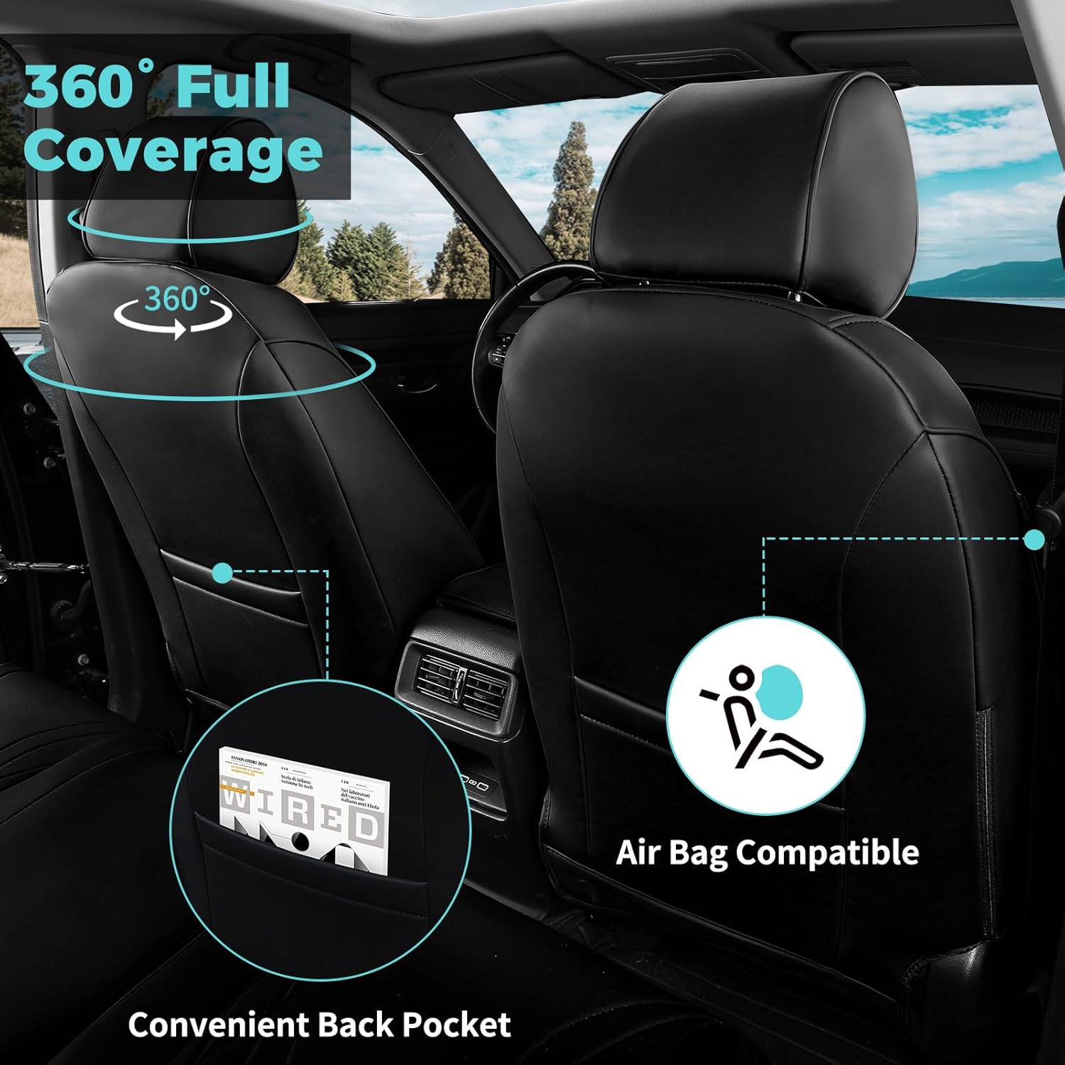 Seat Covers for Honda CRV 2026 2025 2024 2023 EX, EXL, LX, Sport, Touring, Special Edition, Hybrid & Gas, 1:1 Custom Faux Leather Seat Covers Full Set - Black