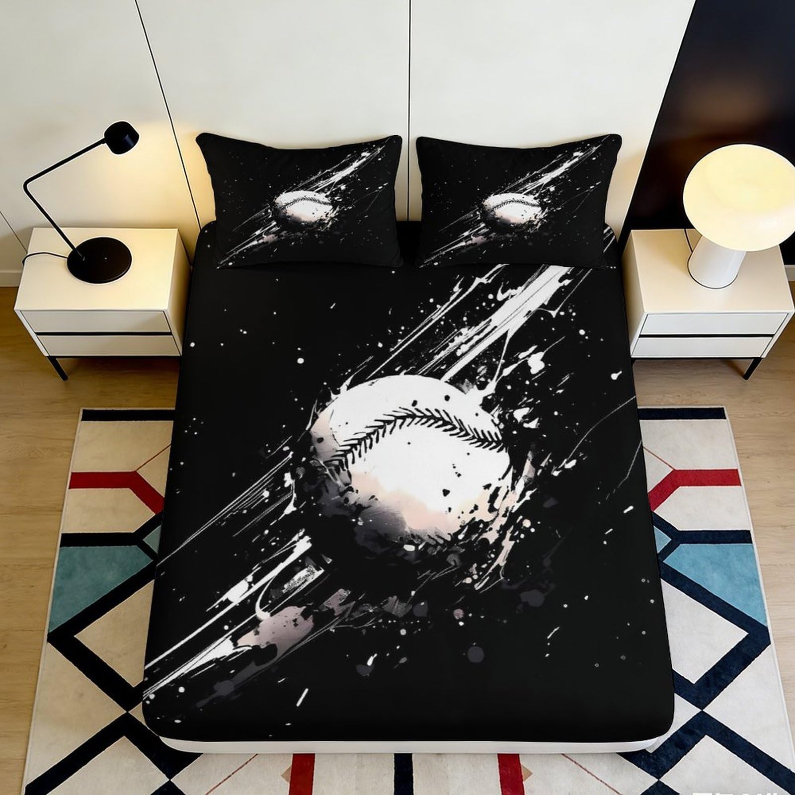 Pnayamiorkfel Style-6 3D Printed Baseball Splash Fitted Sheet Microfiber Soft Black Bed Cover For Bedroom Guest Room Dorm Decor 90X200x25cm