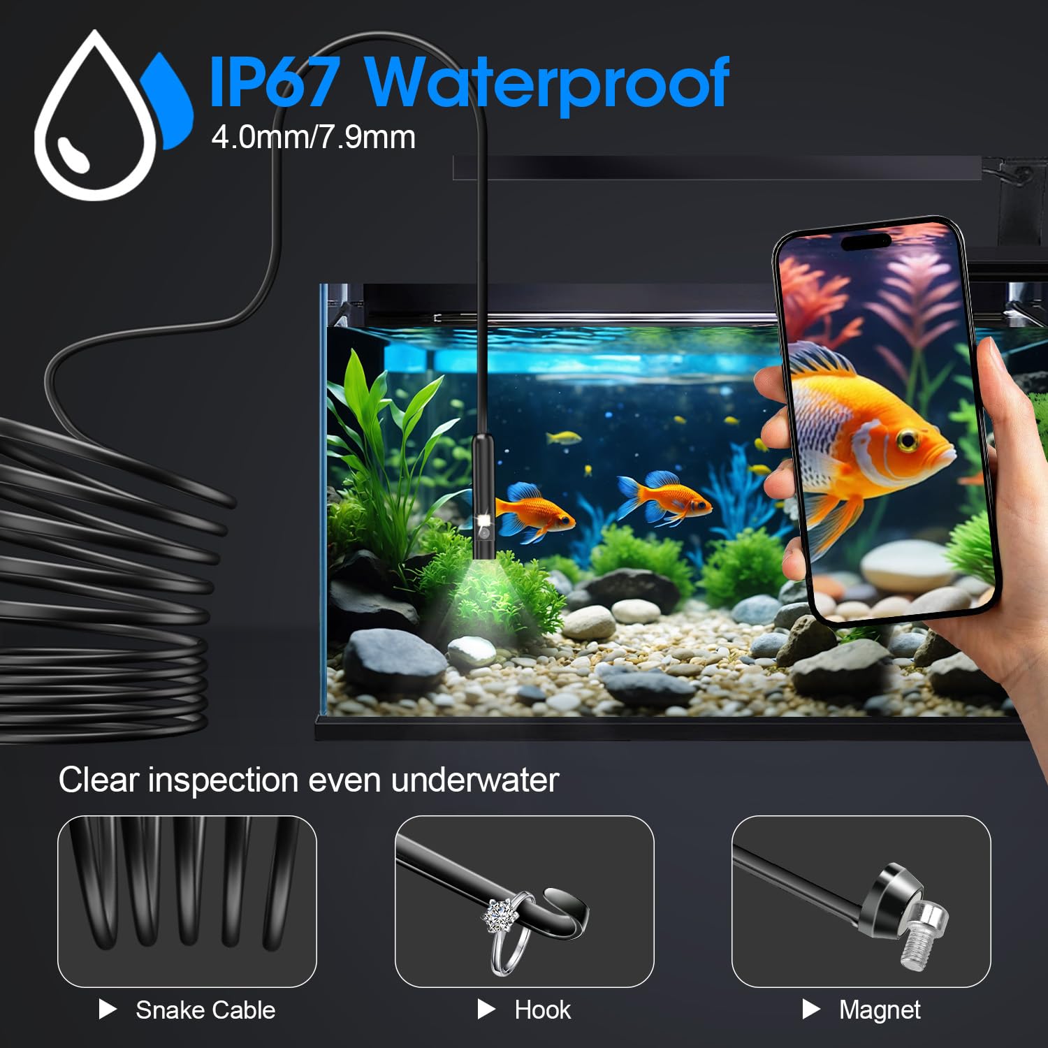 Endoskop ze światłem, boroskop HD 1920P z 8 regulowanymi diodami LED, półsztywna kamera wężowa, wodoodporne narzędzie inspekcyjne IP67 do iPhone'a i Androida - podwójny obiektyw