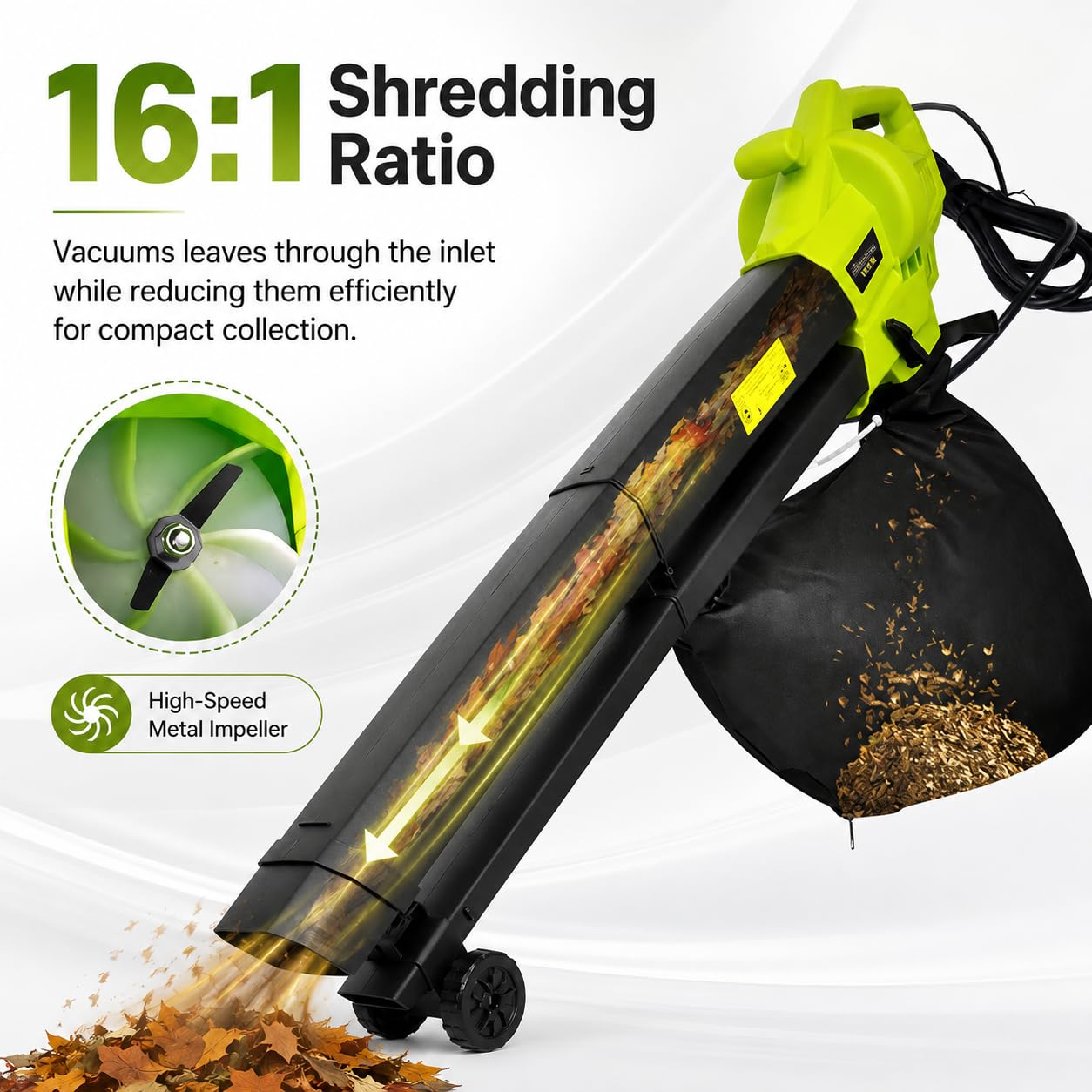 Aspiratore e Trituratore per Foglie da Giardino 3000 W 3 in 1, con Sacchetto di Raccolta da 40 L, Soffiatore Leggero per la Cura del Prato per una Pulizia Senza Sforzo del Cortile, Elettrico
