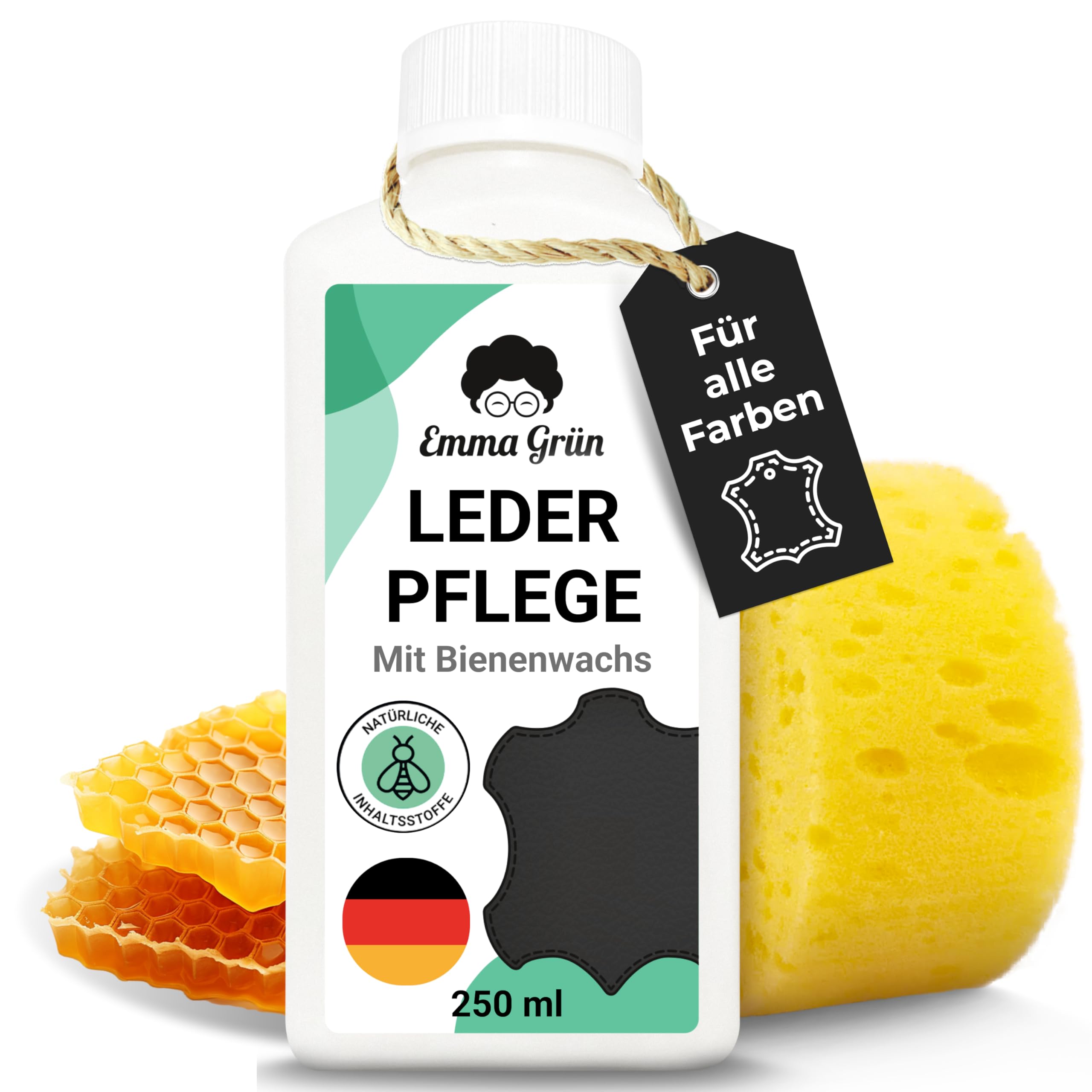 Emma Grün® Lederpflege für Ledercouch & Sofa 250ml [MIT BIENENWACHS] - Glatt- & Kunstleder Pflege - Lederpflege Auto Autositze - Pflegemittel Sofa, Jacken & Autoleder (+SCHWAMM) - Made in Germany