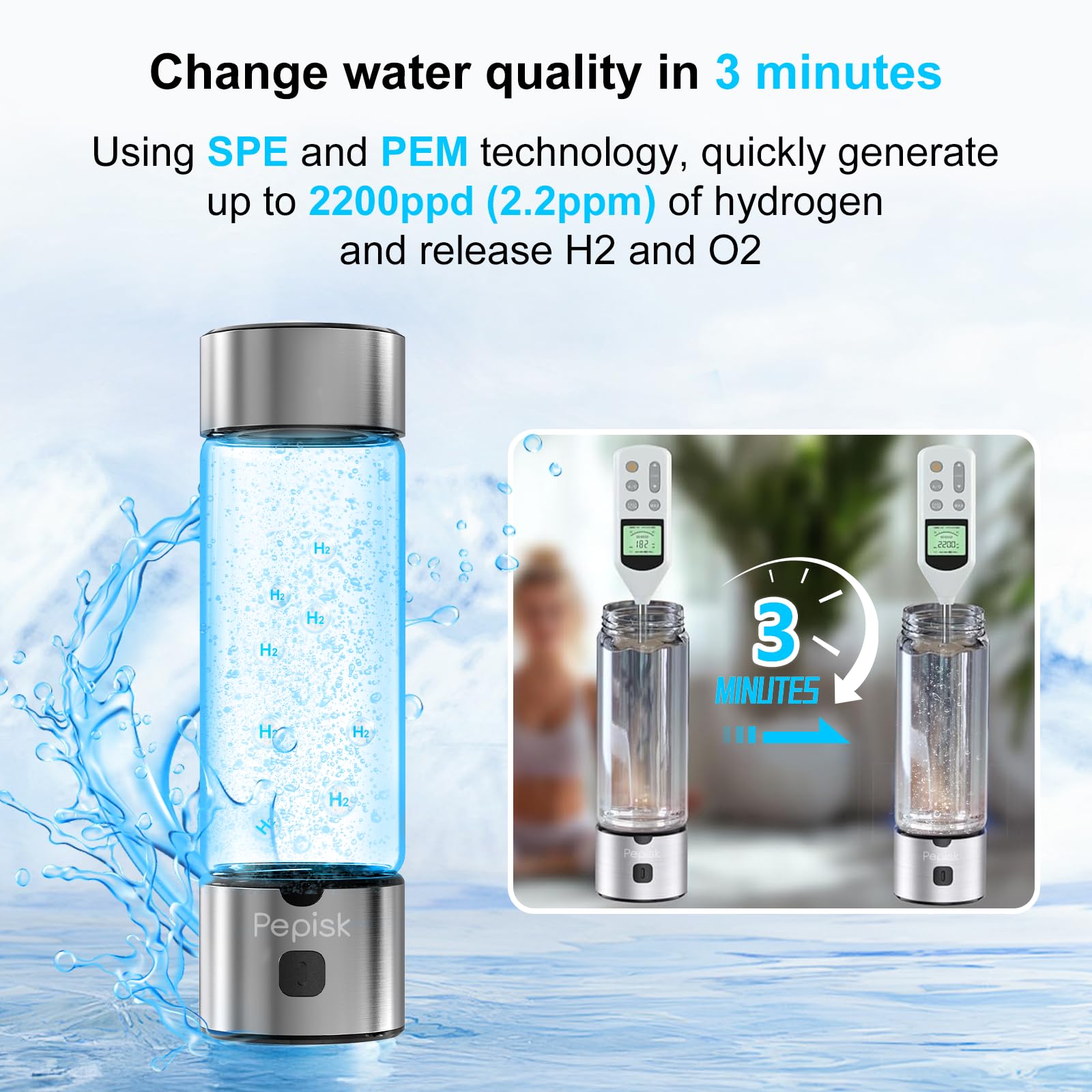 Wasserstoff-Wassergenerator-Flaschen, hydrierte Wasserflasche mit SPE-PEM-Technologie bis zu 2200 PPB, 460 ml Wasserstoff-Wasserflaschengenerator für Zuhause, Büro und Reisen, zertifizierter H2