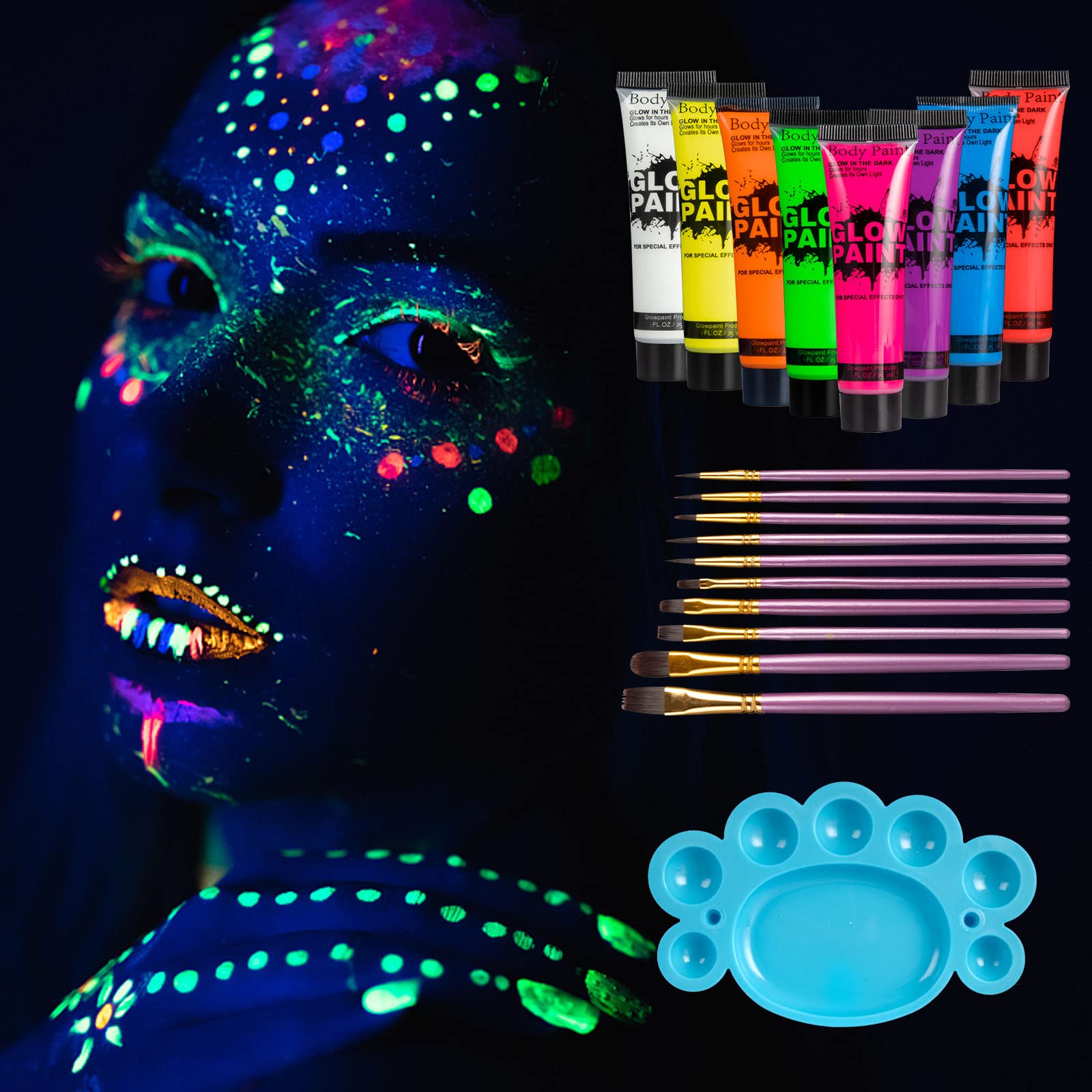 Taekooki 8pcs UV Body Painting Set Festival Make-up Glow Neon Face Painting con 10 Pinceles, Fluorescent Face Body Paint for Carnival Make-up Body Paint Make-up Party Halloween Cosplay