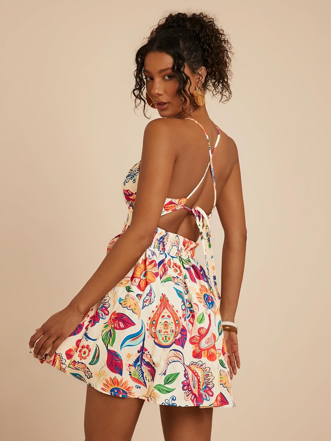 Floerns Women's Boho Tropical Mini Dress Spaghetti Strap Criss Cross Tie Back Summer Dresses - Image 4