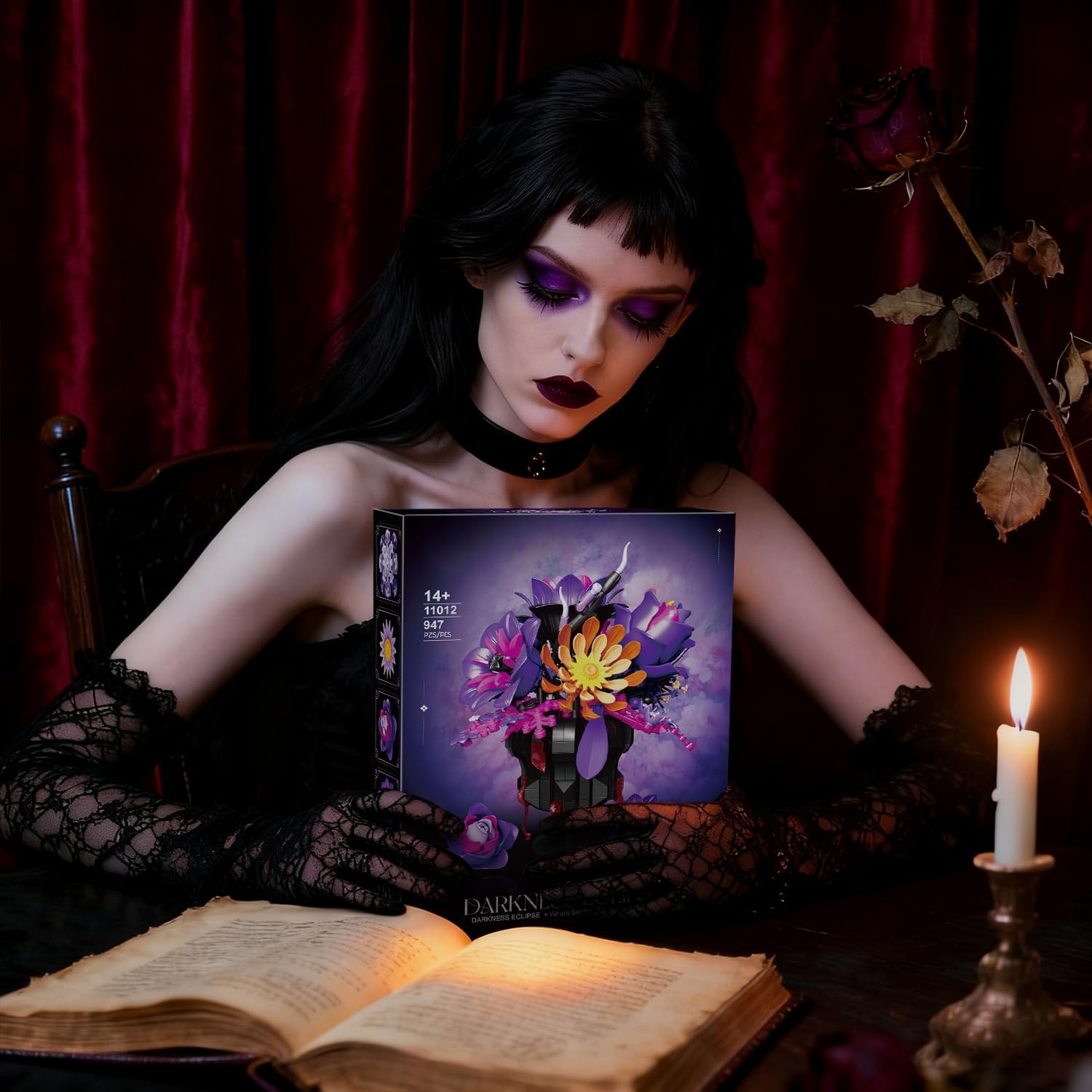 Gothic Rose Bouquet Building Set with Bleeding Vase, Purple Rose Gothic Flowers Building Toy, Horror Home Decor Compatible with Lego Flowers Sets, Halloween Decorations Gift for Adults, 947 PCS