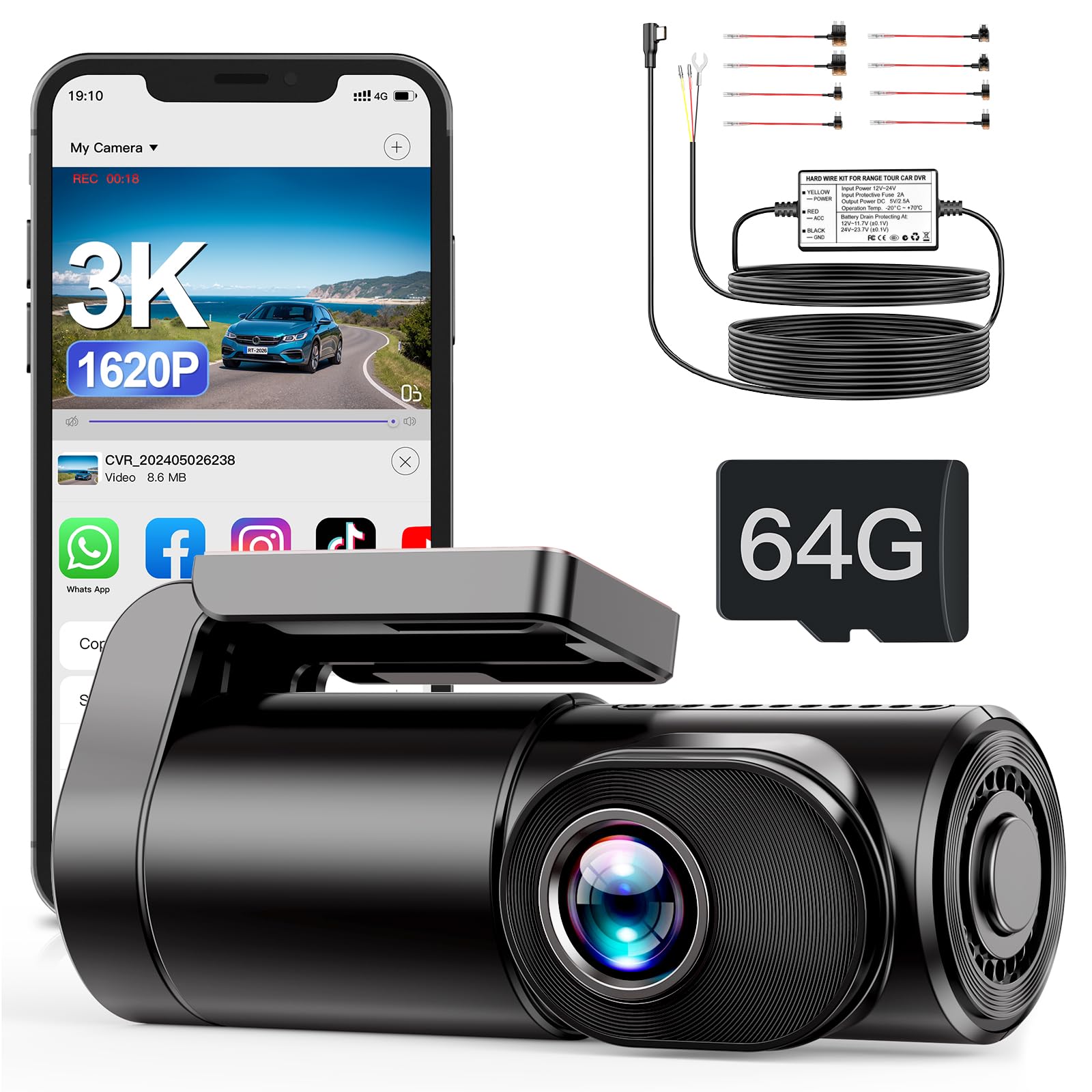 3K Dash Cam Front WiFi Car Camera with 3-core Hardwire Kit for 72 Hours Parking Monitor, 0.96" Display Driving Recorder, APP Control, HDR 2.0, Loop Recording, Night Vision, 170°Wide Angle