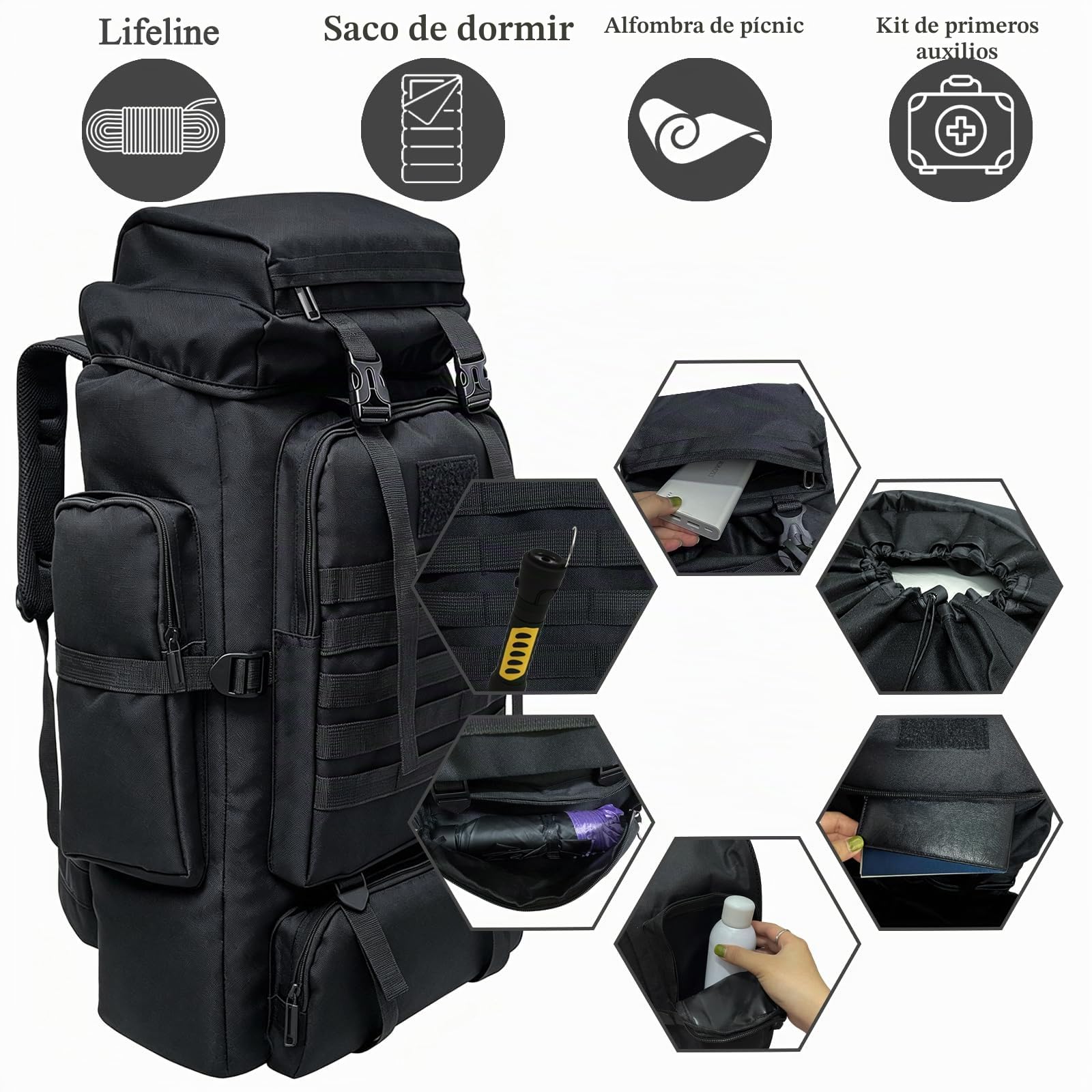 80L-100L Mochila de Senderismo Mochila de Camping Mochila Molle Táctica Militar al Aire Libre de Gran Viaje Escalada Montañismo Mochila de Mano Mochila de Trekking para Hombres y Mujeres