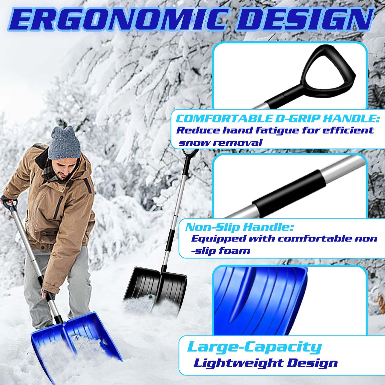 Pelle à neige de grande capacité avec poignée ergonomique - Outil de déneigement amovible léger et portable pour jardin, camping, extérieur, urgence, bonhomme de neige - Noir