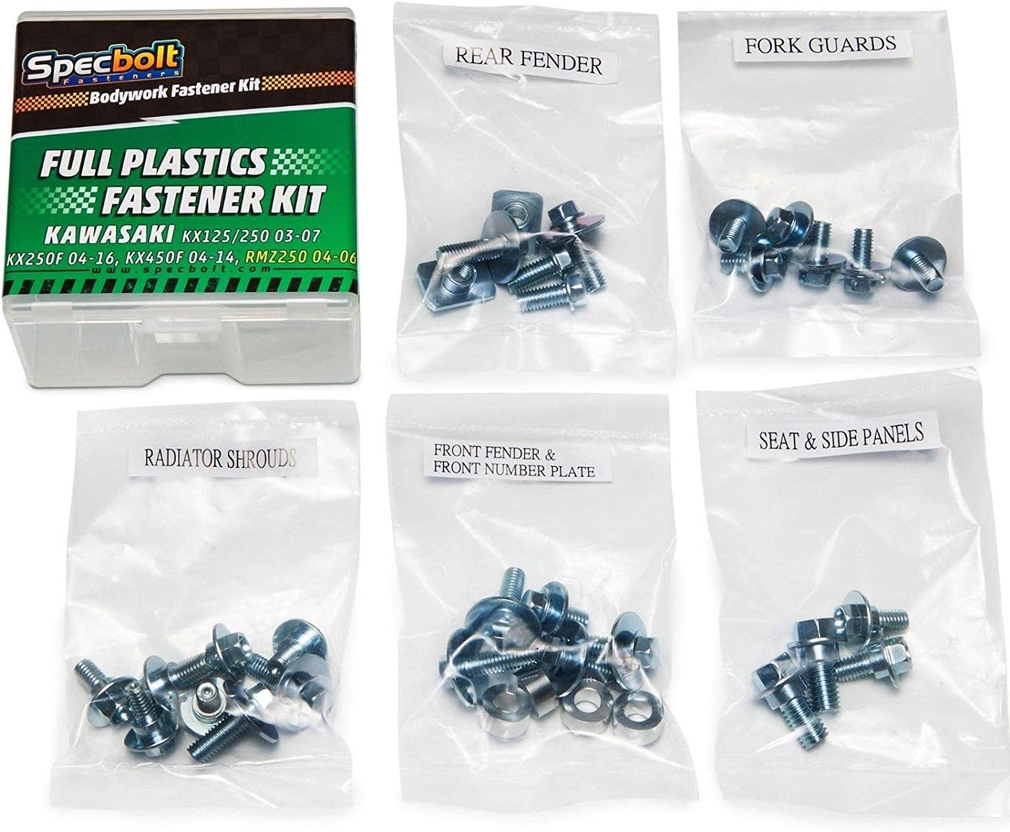 Full Plastics Fastener Kit: Kawasaki - KX125/250 (2003-2007) KX250F (2004-2016) KX450F (2004-2014) and Suzuki - RMZ250 (2004-2006) #0316