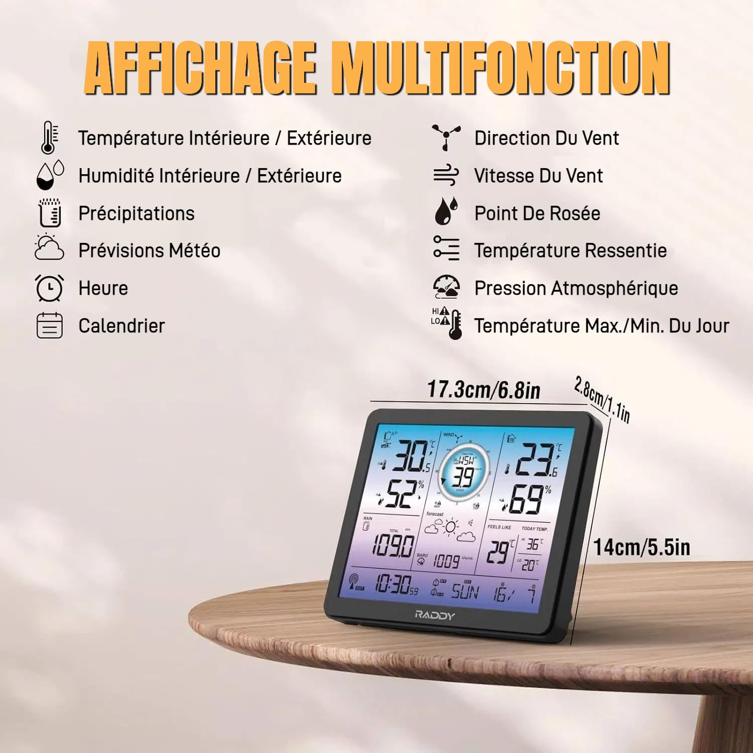 Station météo Raddy VP7 radio avec thermomètre intérieur et extérieur professionnel, écran numérique de 18,8 cm en violet, horloge radio, moniteur de température et d'humidité, prévisions météo et