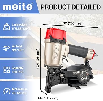 meite CN45R Roofing Nailer, Drives 15 Degree 7/8 to 1-3/4 Coil Roof Nails | 15/16 Wire-weld Collated Pneumatic Nail Gun, 120rd Mag, Tool-Free Depth Adjust, for Asphalt Shingle Felt Underlayment